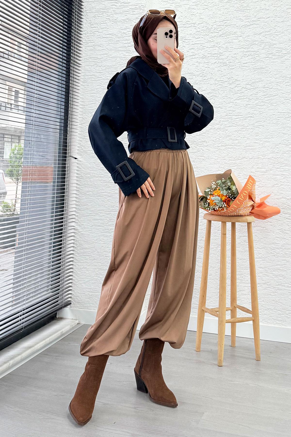 Şalvar Kesim Lastikli Bel Kadın Pantolon – Kahverengi