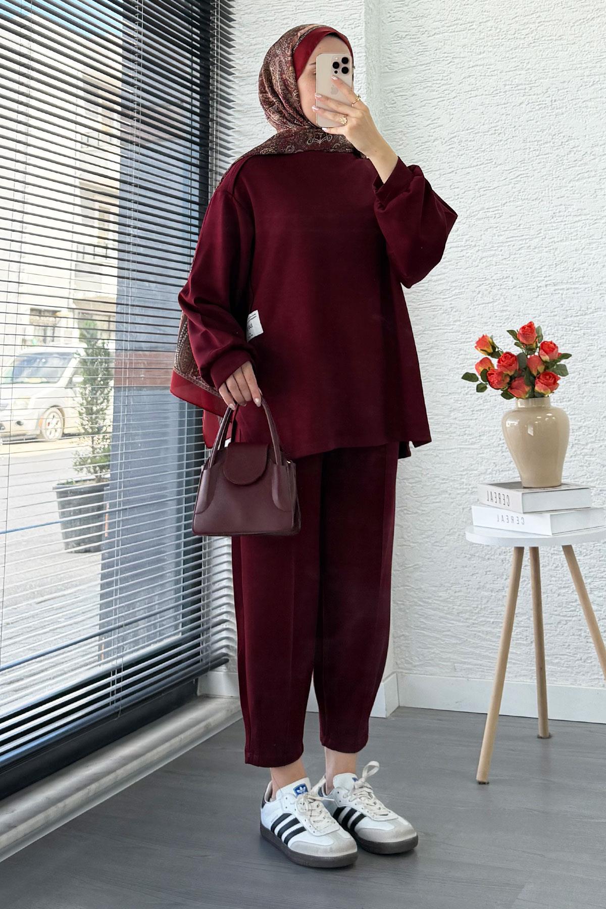 Şalvar Kesim Pantolonlu Kadın İkili Takım - Bordo
