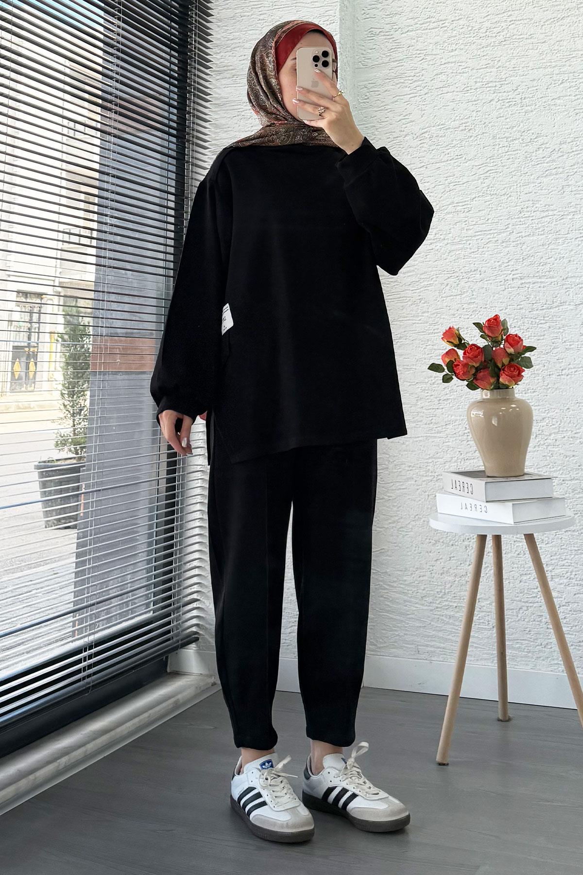 Şalvar Kesim Pantolonlu Kadın İkili Takım - Siyah