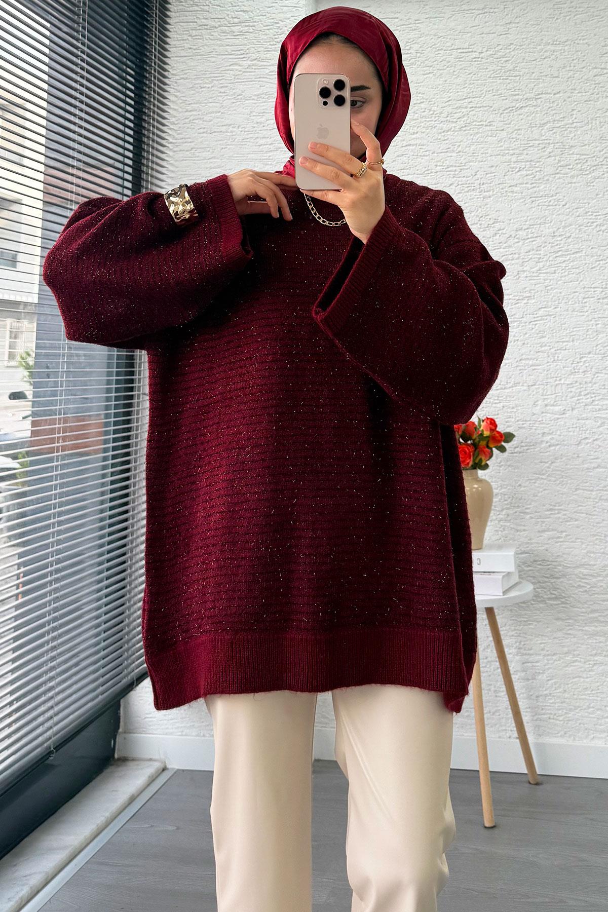 Sim Geçişli Oversize Kadın Triko Kazak – Bordo