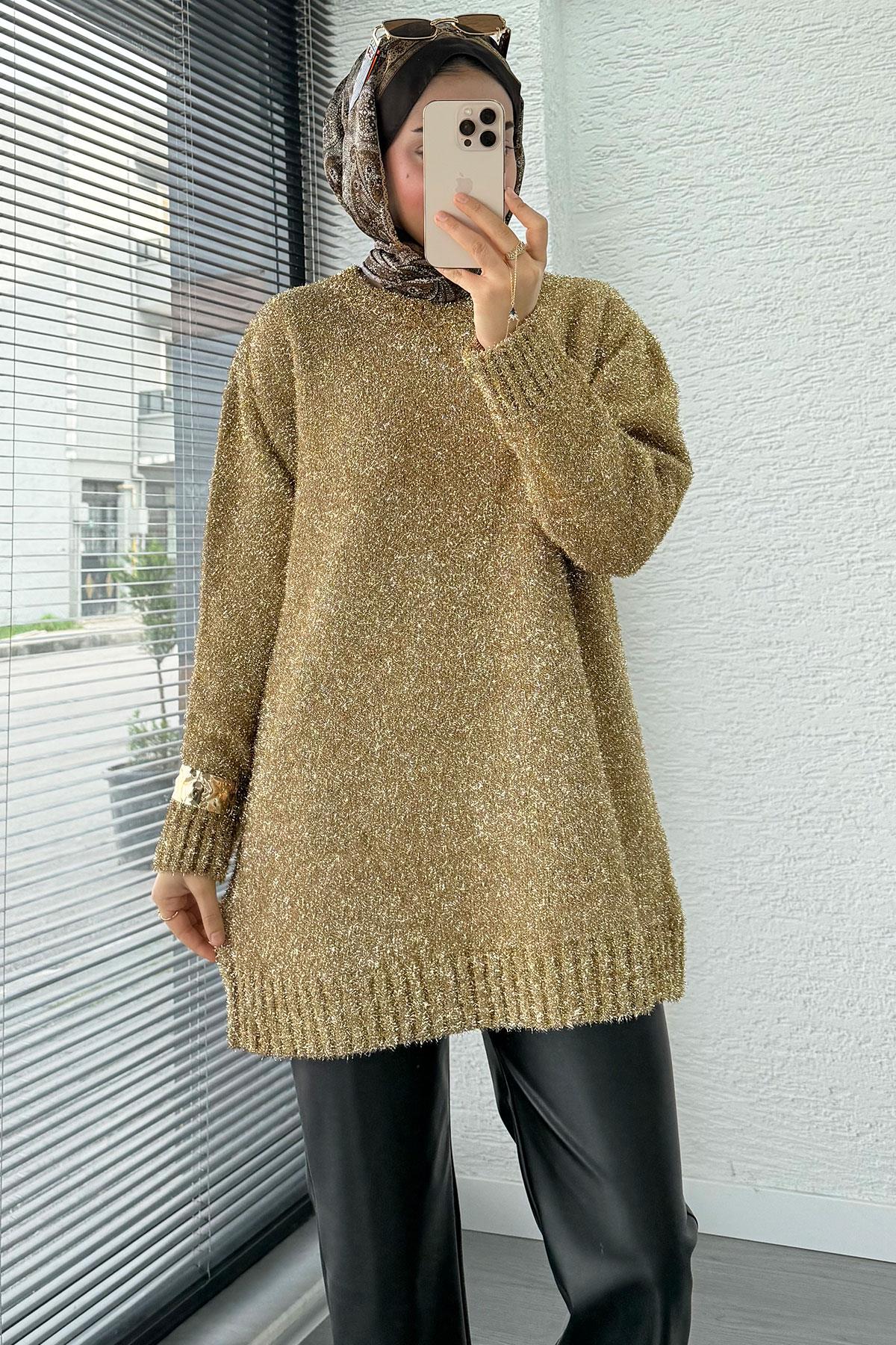 Simli Oversize Kadın Triko Kazak – Gold