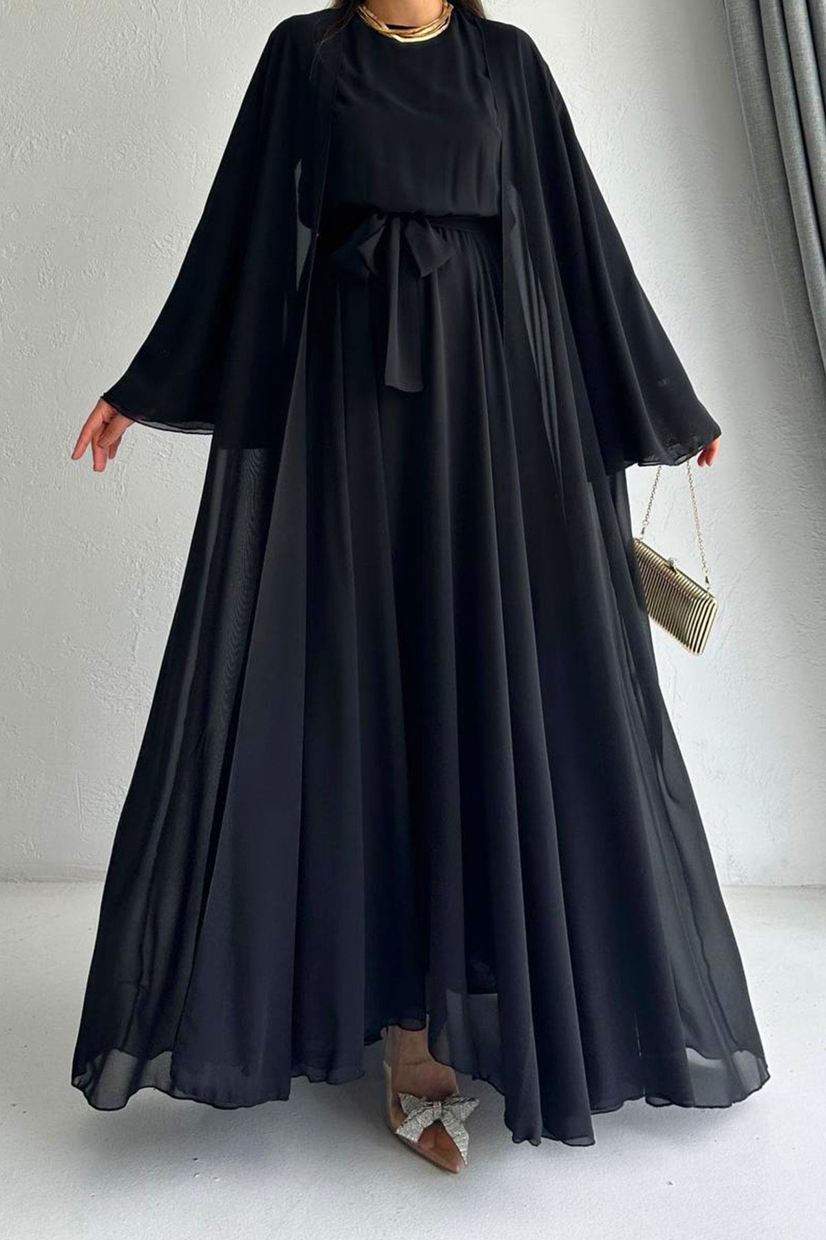 Siyah Bella Şifon Abaya Takım 