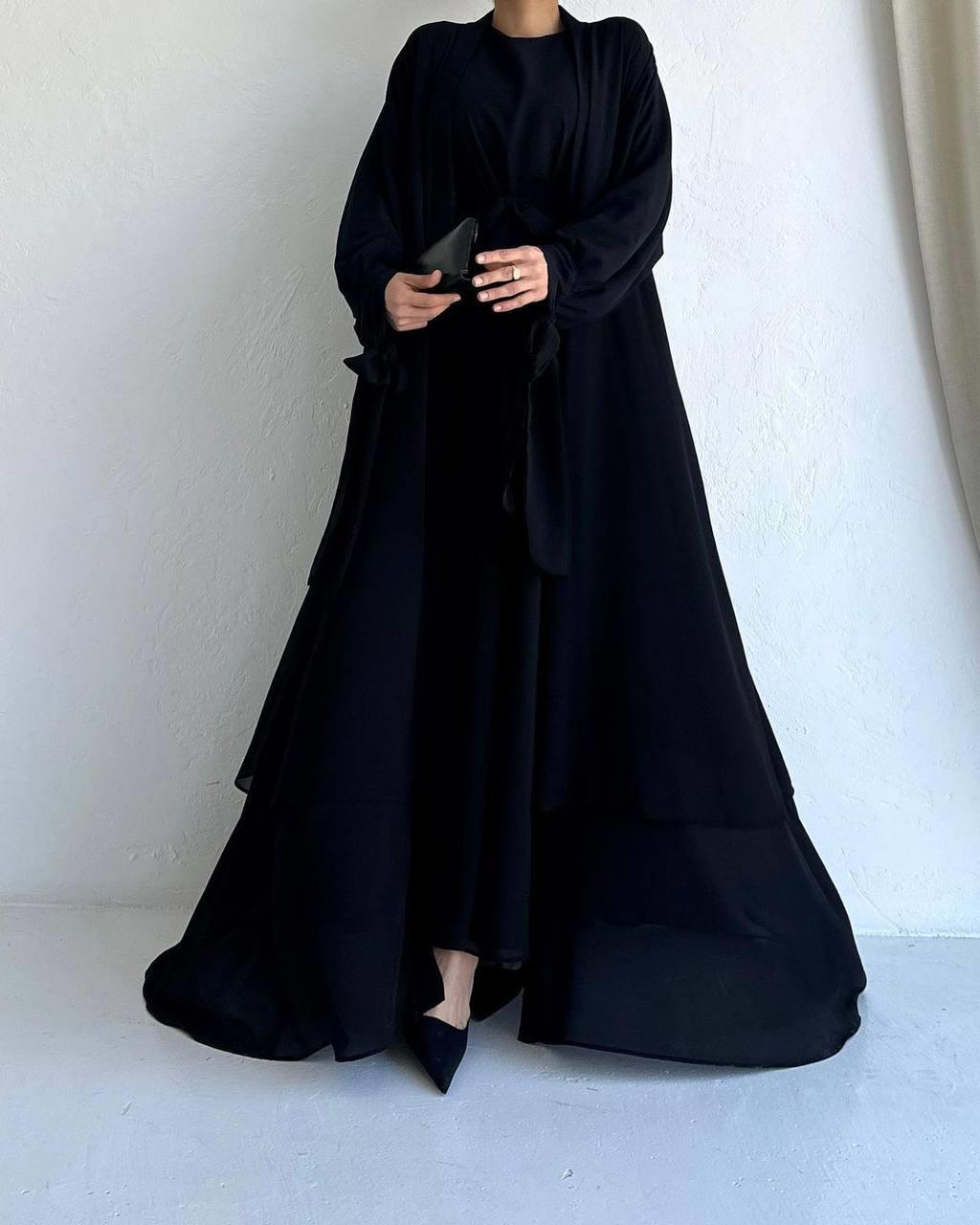 Siyah Ella Şifon Abaya Takım