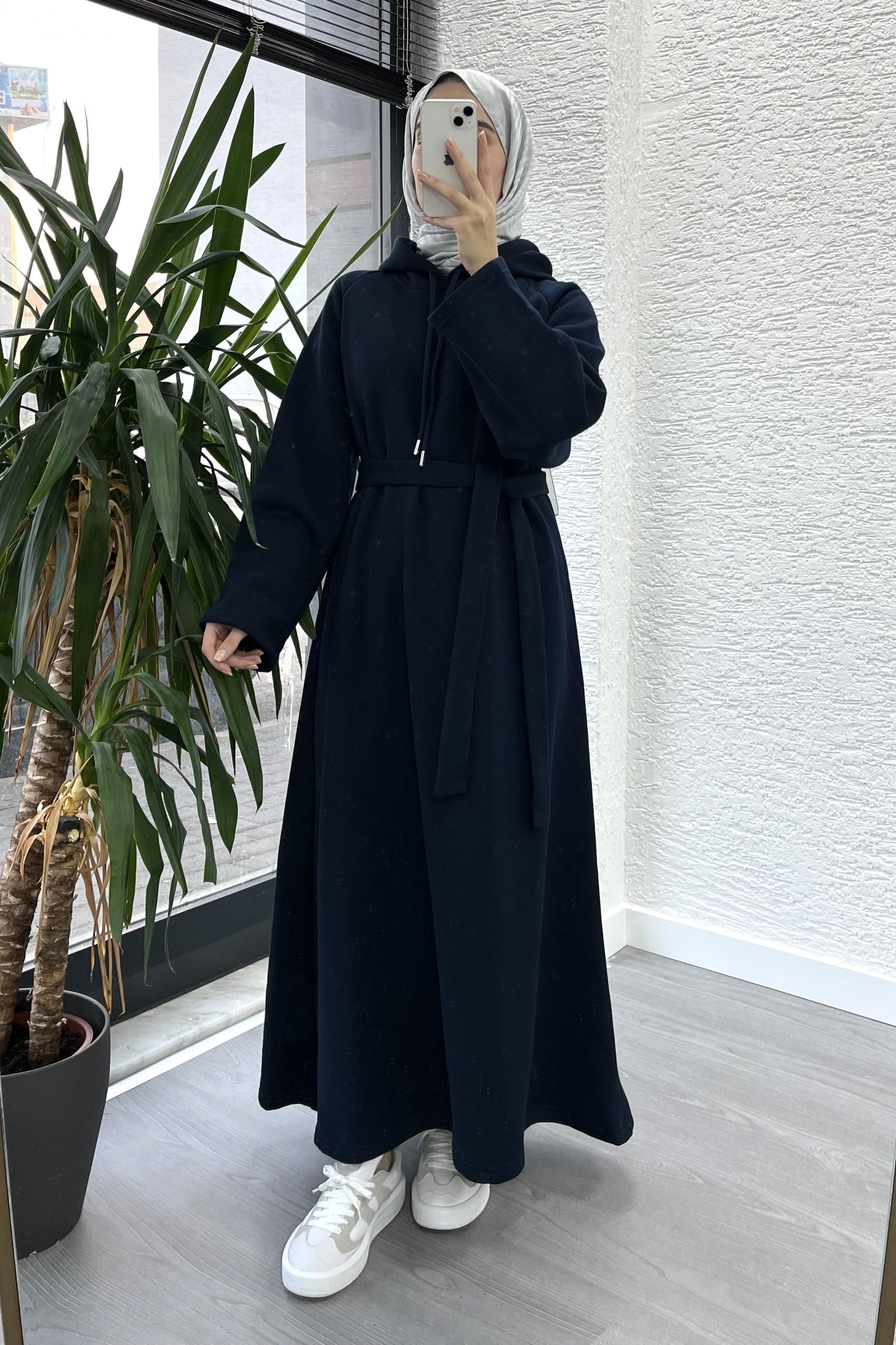 Siyah Kapşonlu Oversize Sweat Elbise