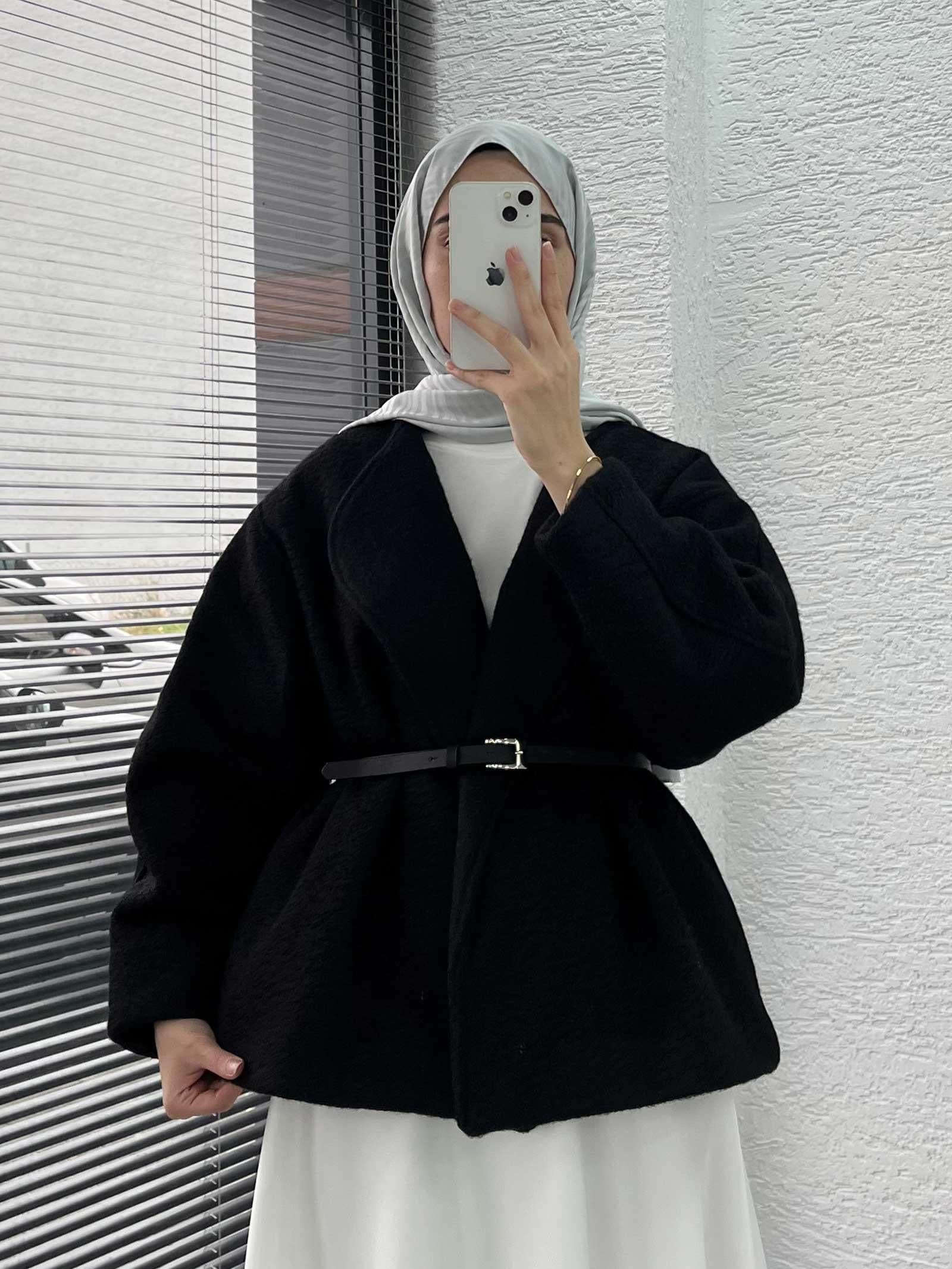 Siyah Kısa Oversize Kaşe Kaban