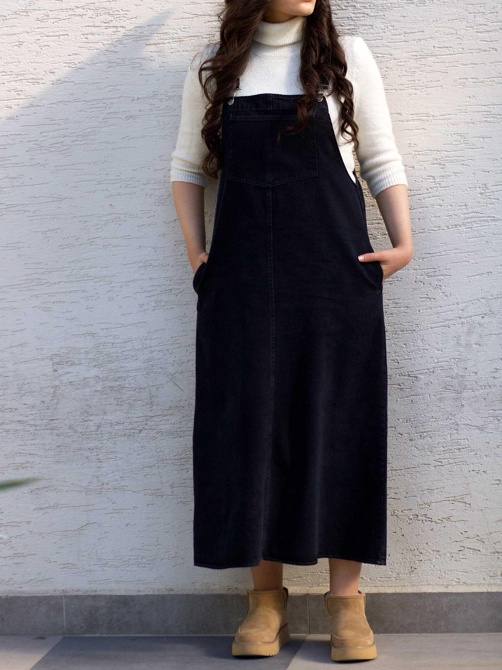 Siyah Modern Kesim Kot Salopet Elbise