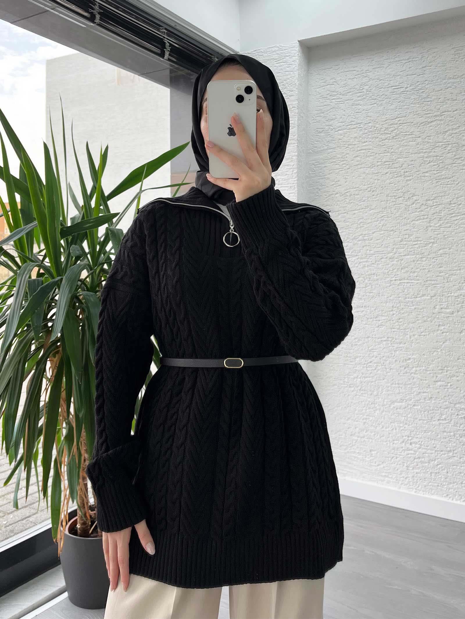 Siyah Örgü Desen Kazak Tunik