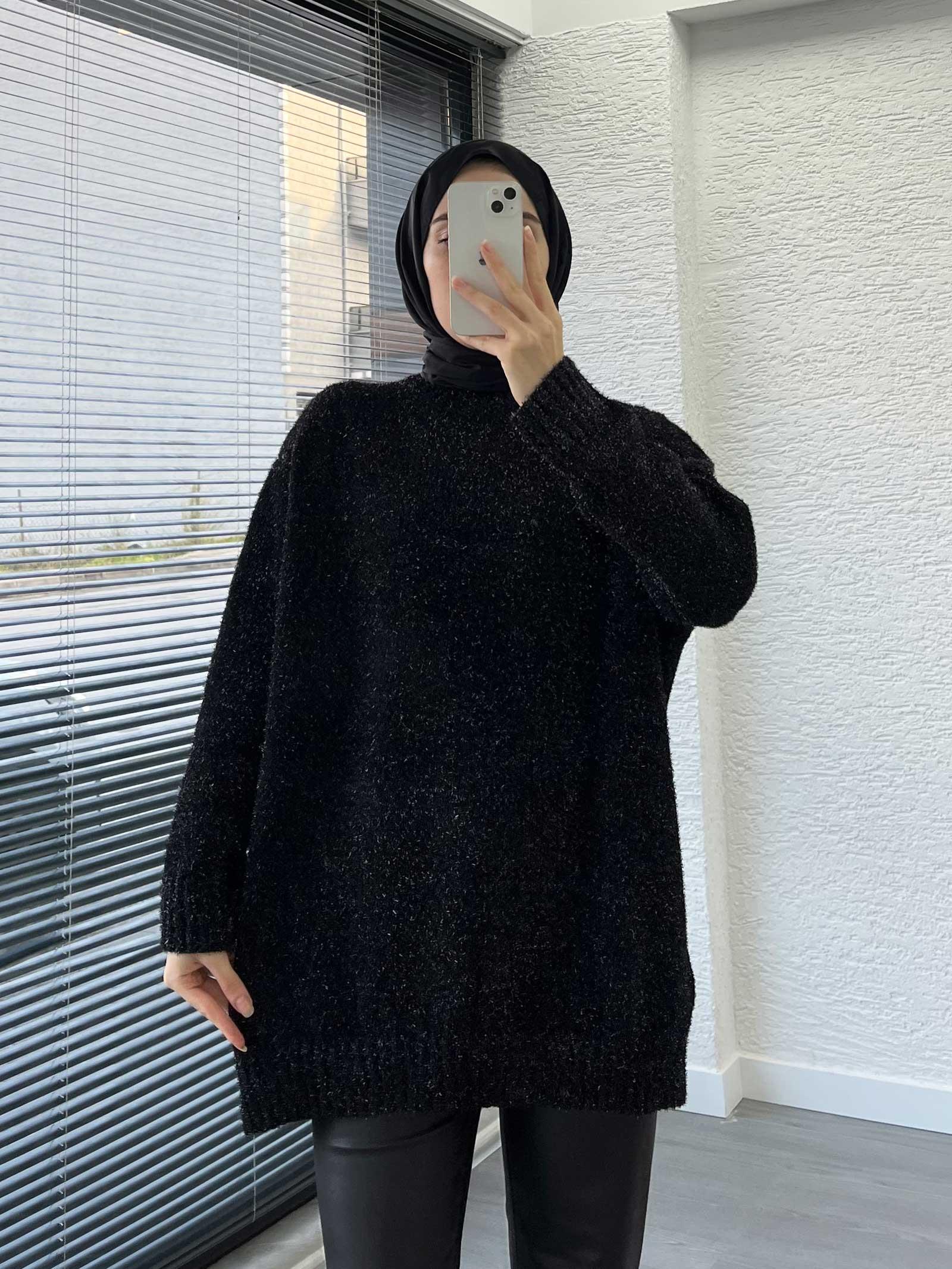 Siyah Simli Oversize Kadın Kazak