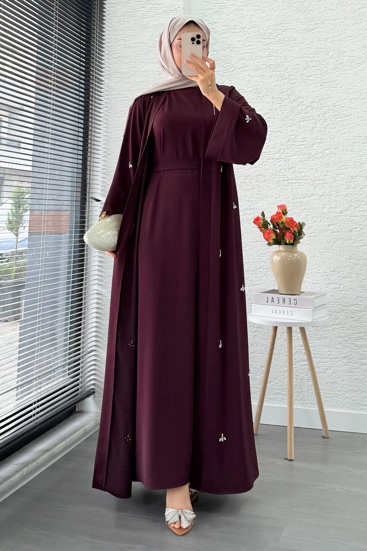 Taş İşlemeli İkili Abaya Takım - Mürdüm