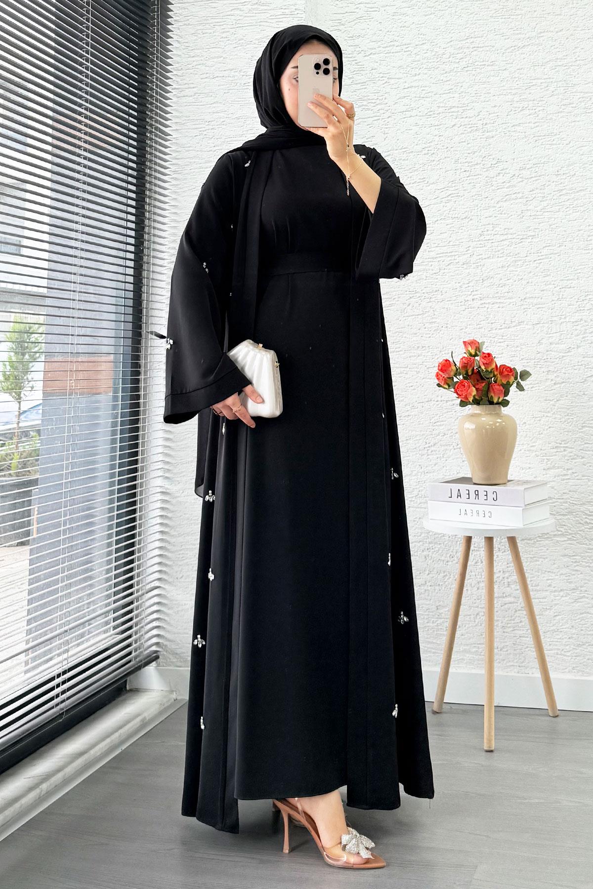 Taş İşlemeli İkili Abaya Takım - Siyah