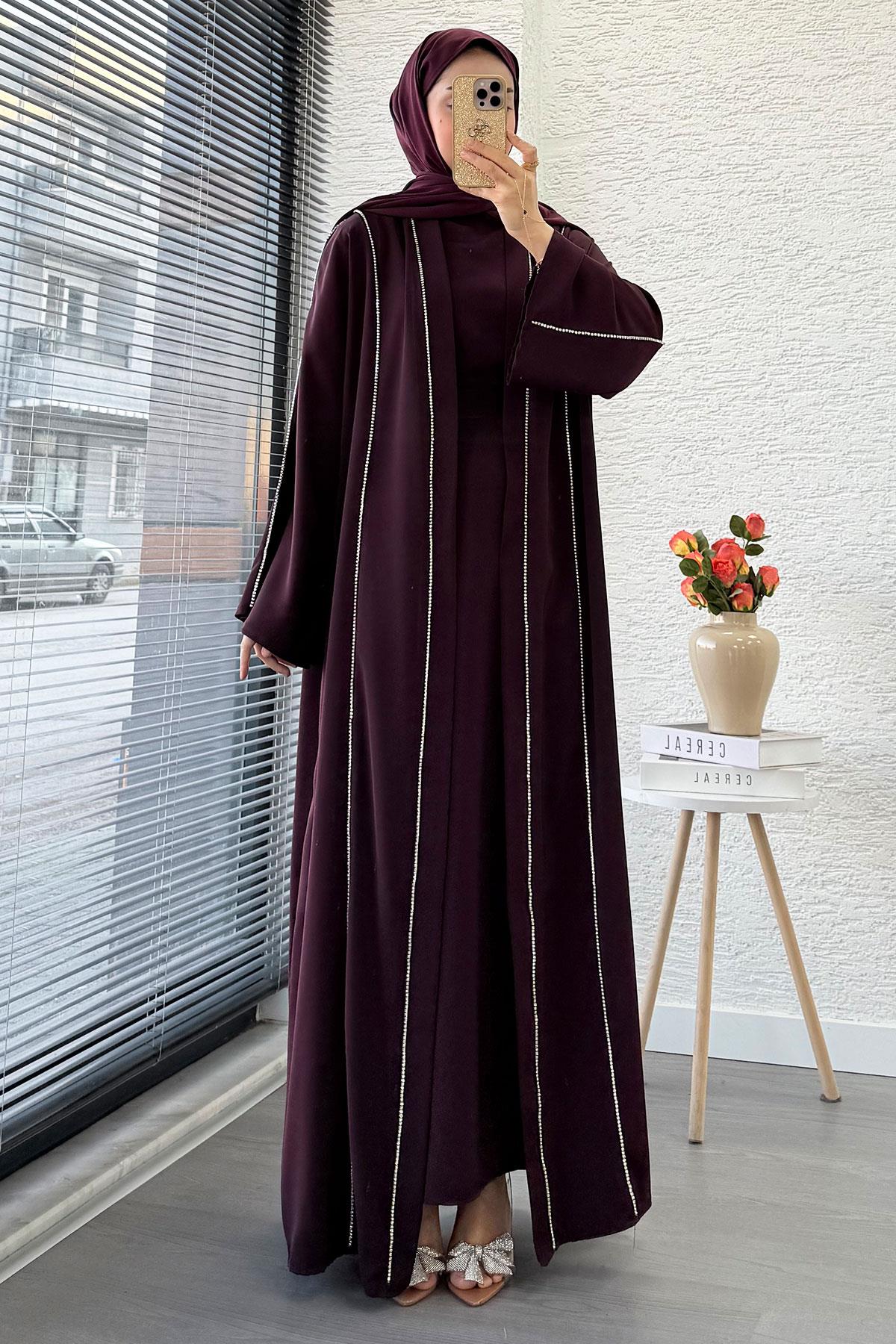 Taş Şerit Detaylı İkili Abaya Takım –Mürdüm