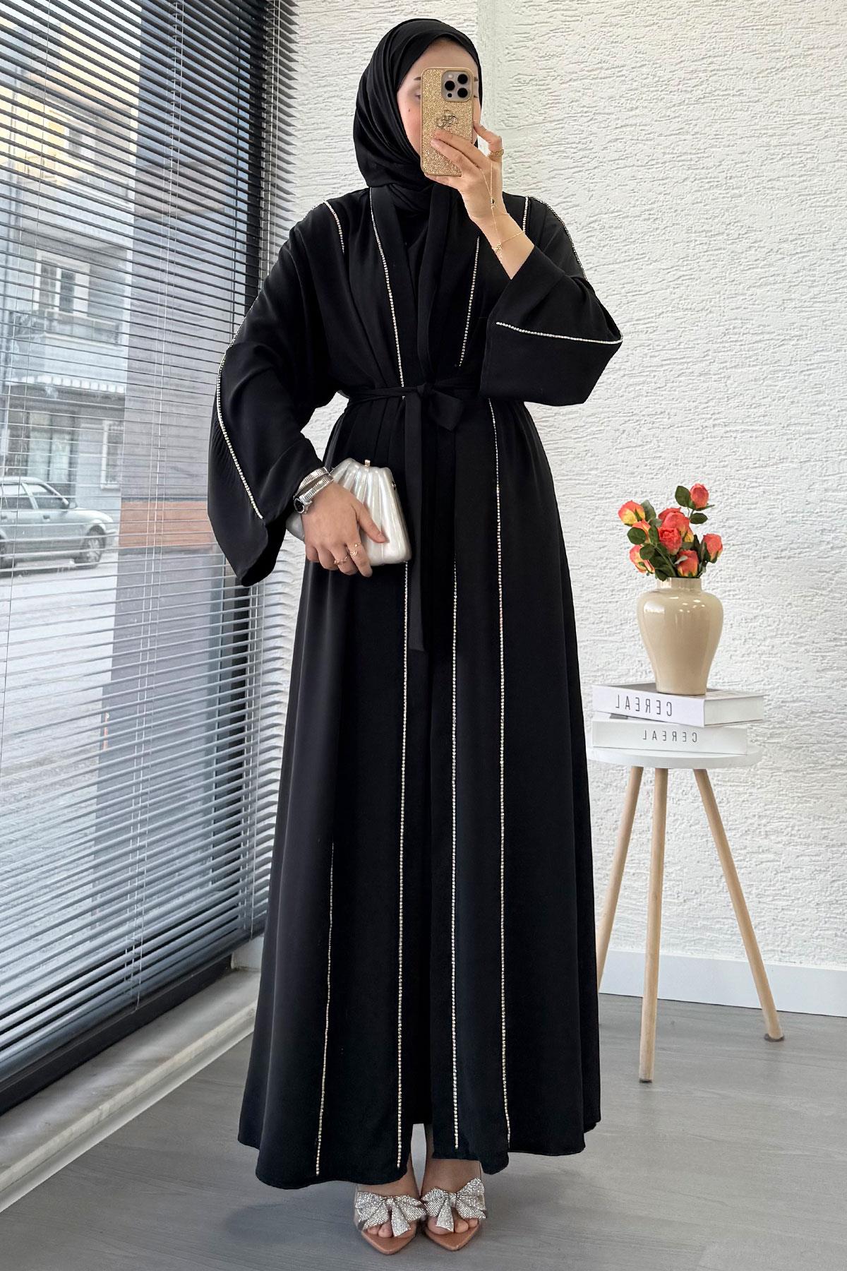 Taş Şerit Detaylı İkili Abaya Takım –Siyah
