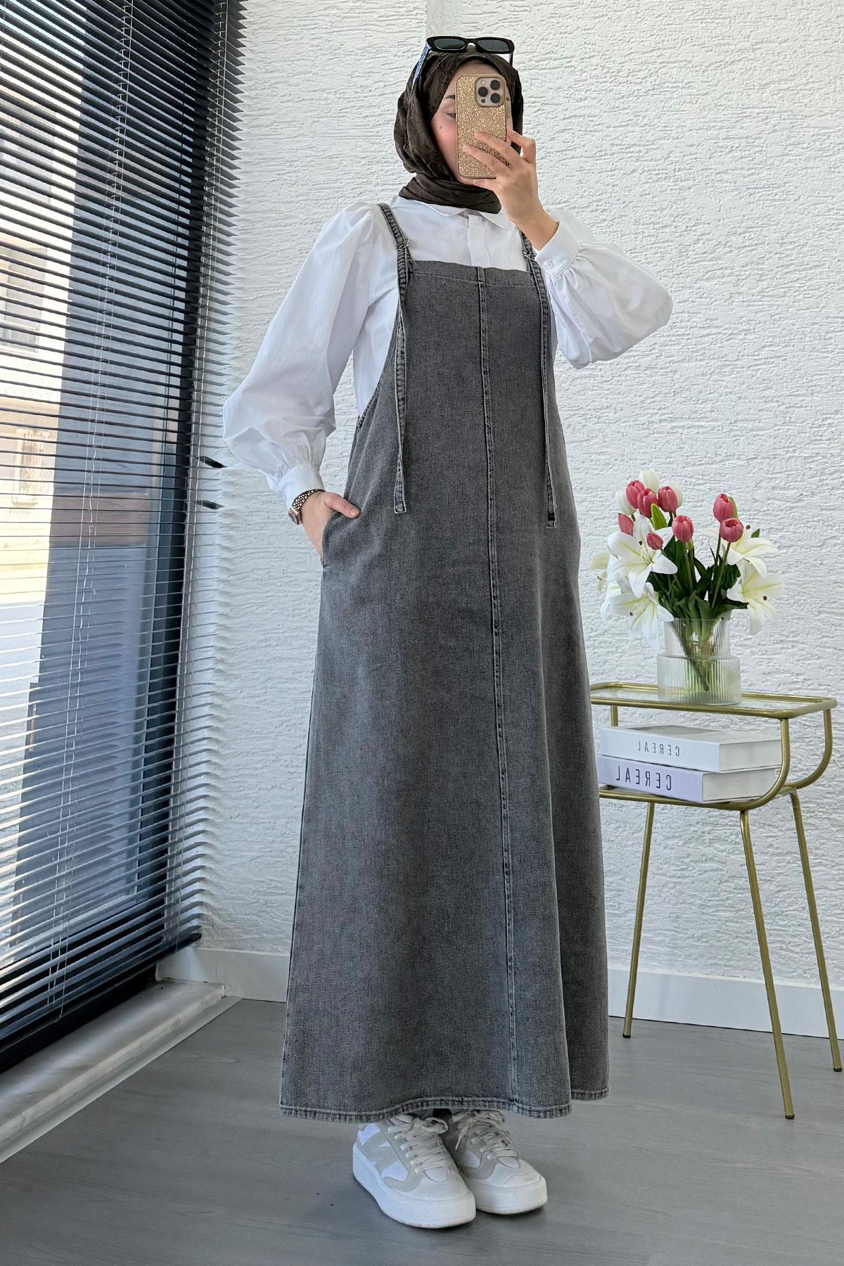 Uzun Denim Kot Salopet Jile Elbise - Gri