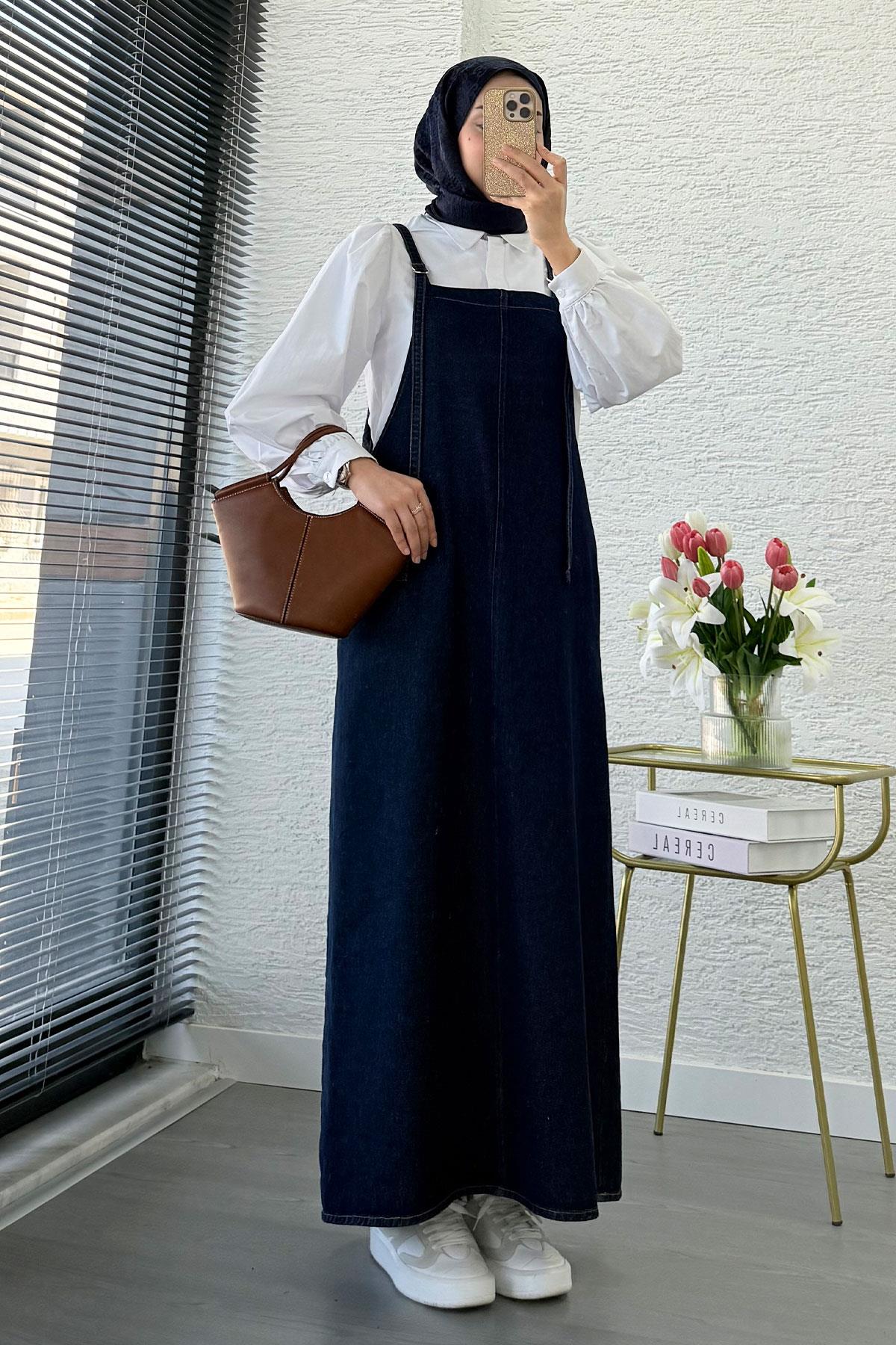 Uzun Denim Kot Salopet Jile Elbise - Koyu Mavi
