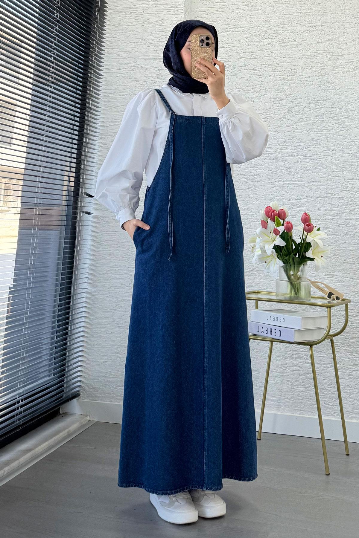 Uzun Denim Kot Salopet Jile Elbise - Mavi