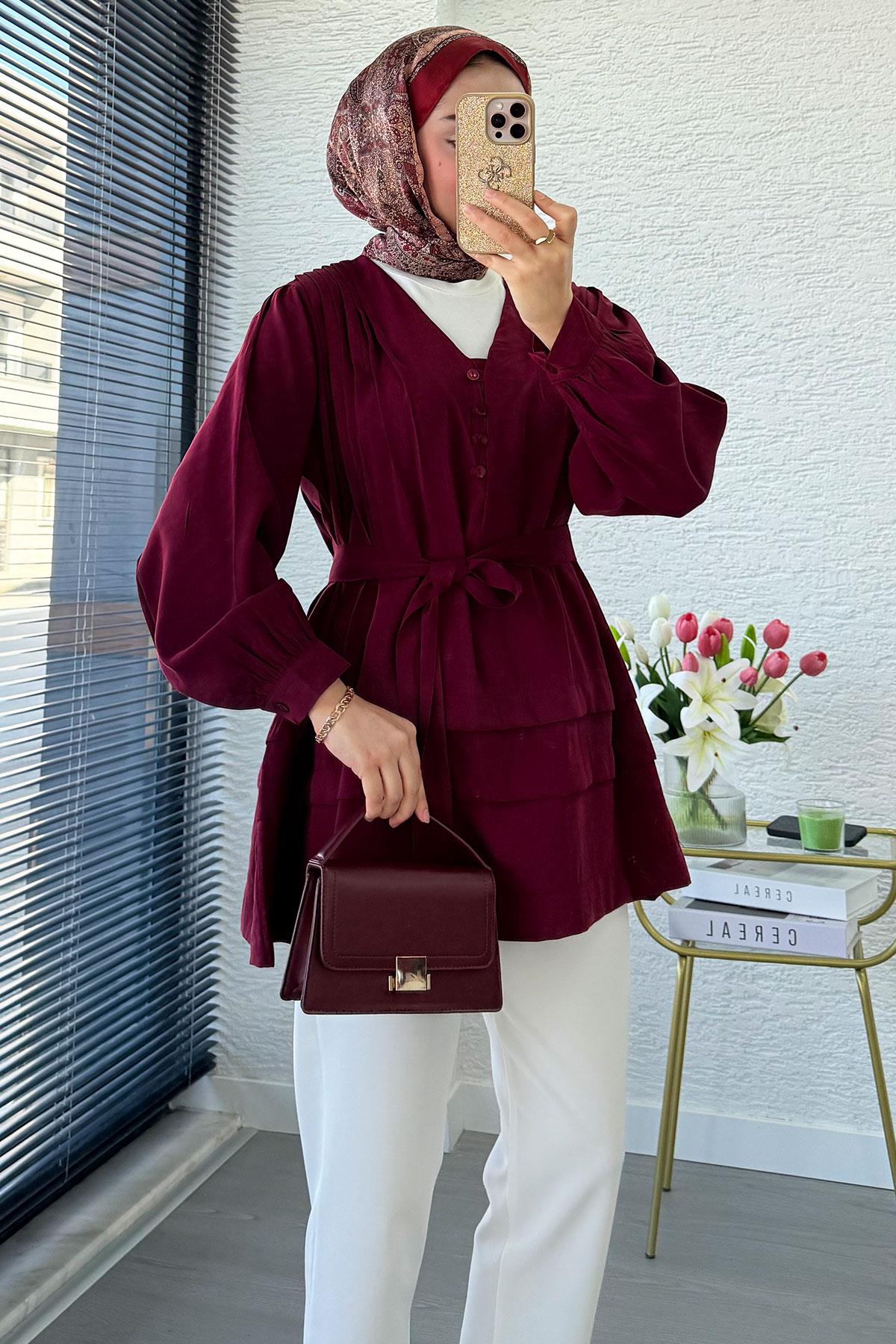 V Yaka Nervür Detaylı Modal Kadın Tunik – Bordo
