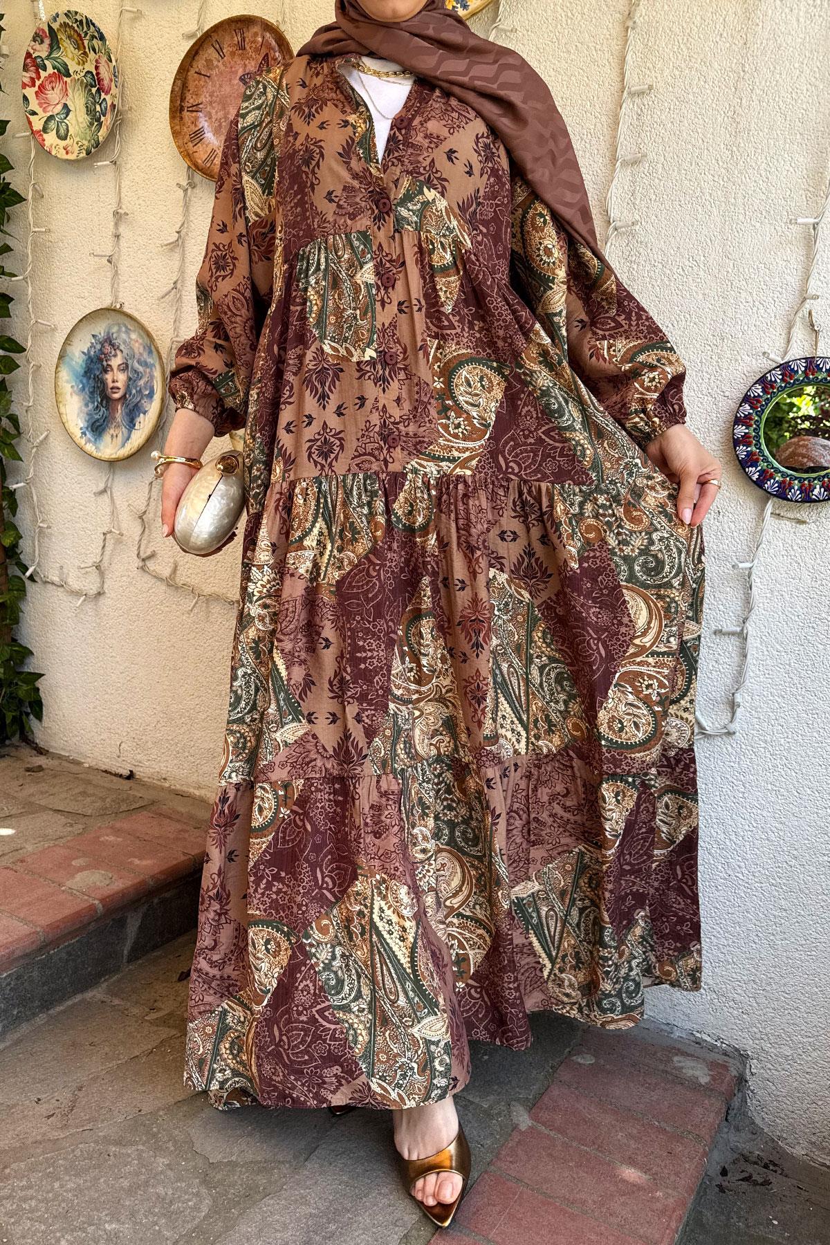Vintage Etnik Desenli Yazlık Elbise – Kahverengi