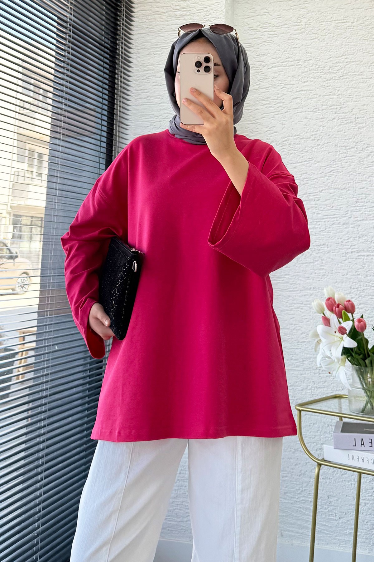 Volan Kol Basic Oversize Tunik – Fuşya