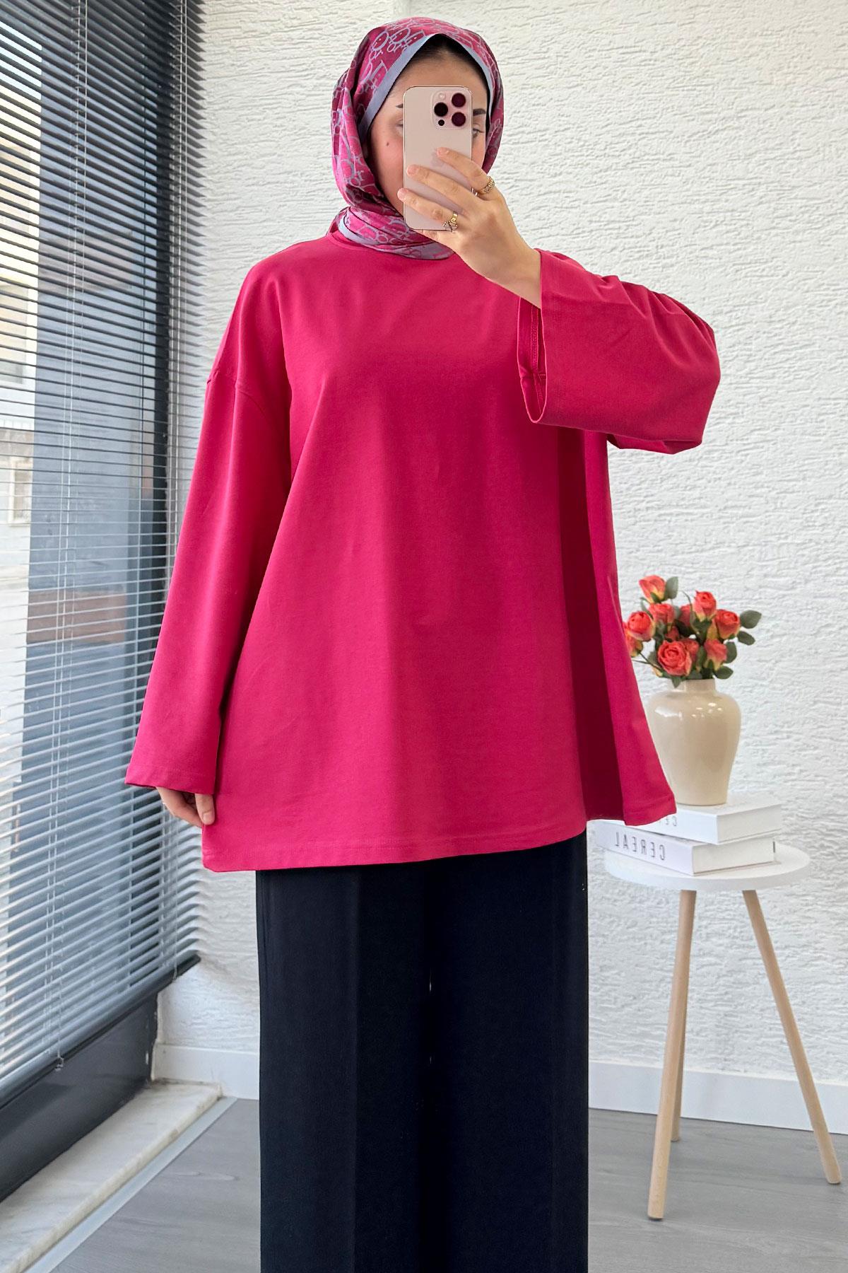 Volan Kol Basic Oversize Tunik – Fuşya