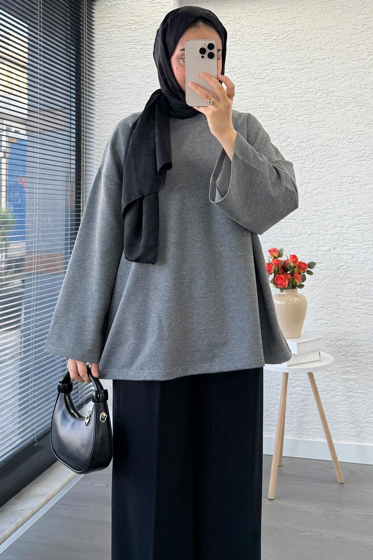 Volan Kol Basic Oversize Tunik – Gri