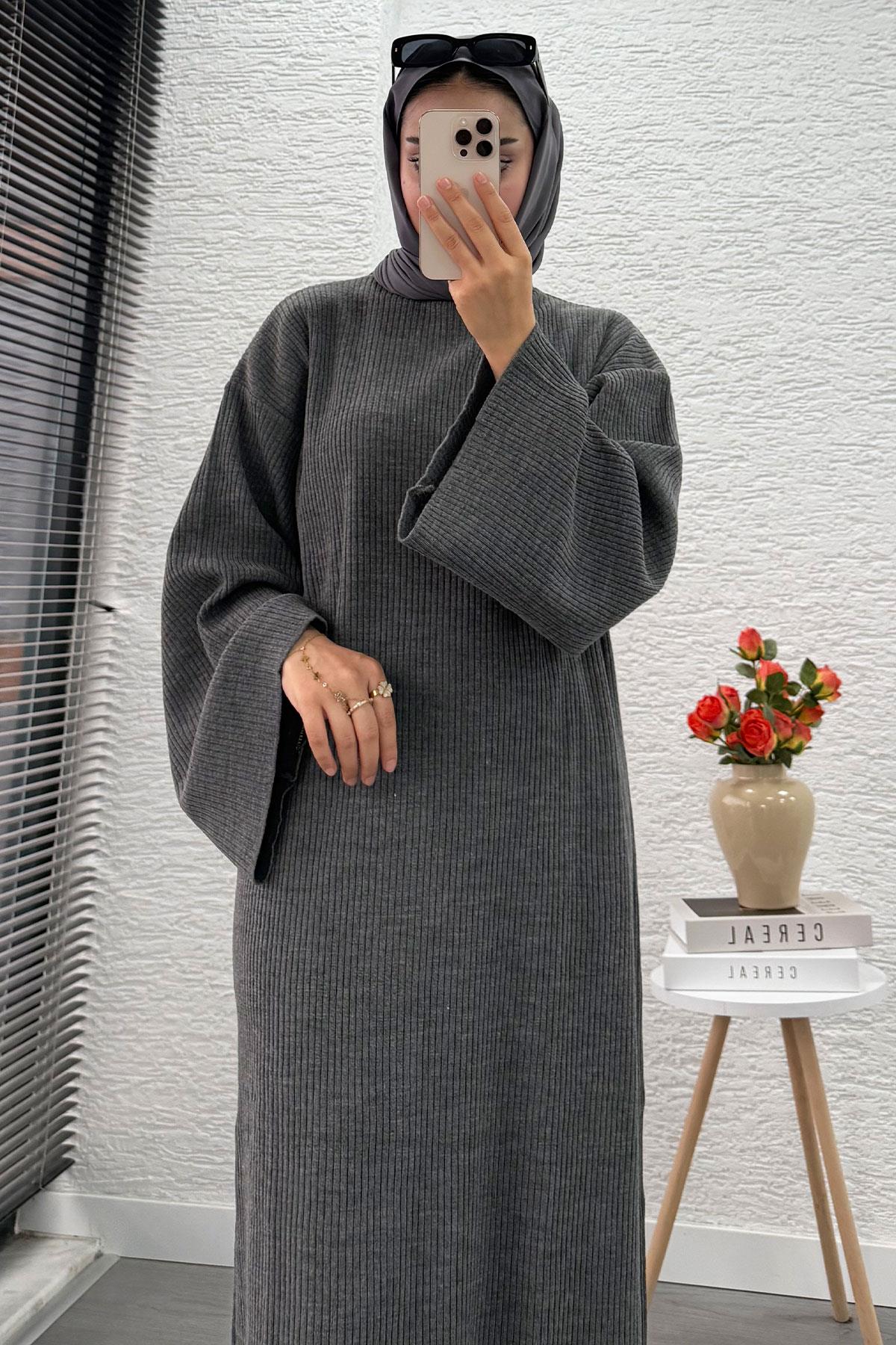 Volan Kol Fitilli Triko Elbise – Gri