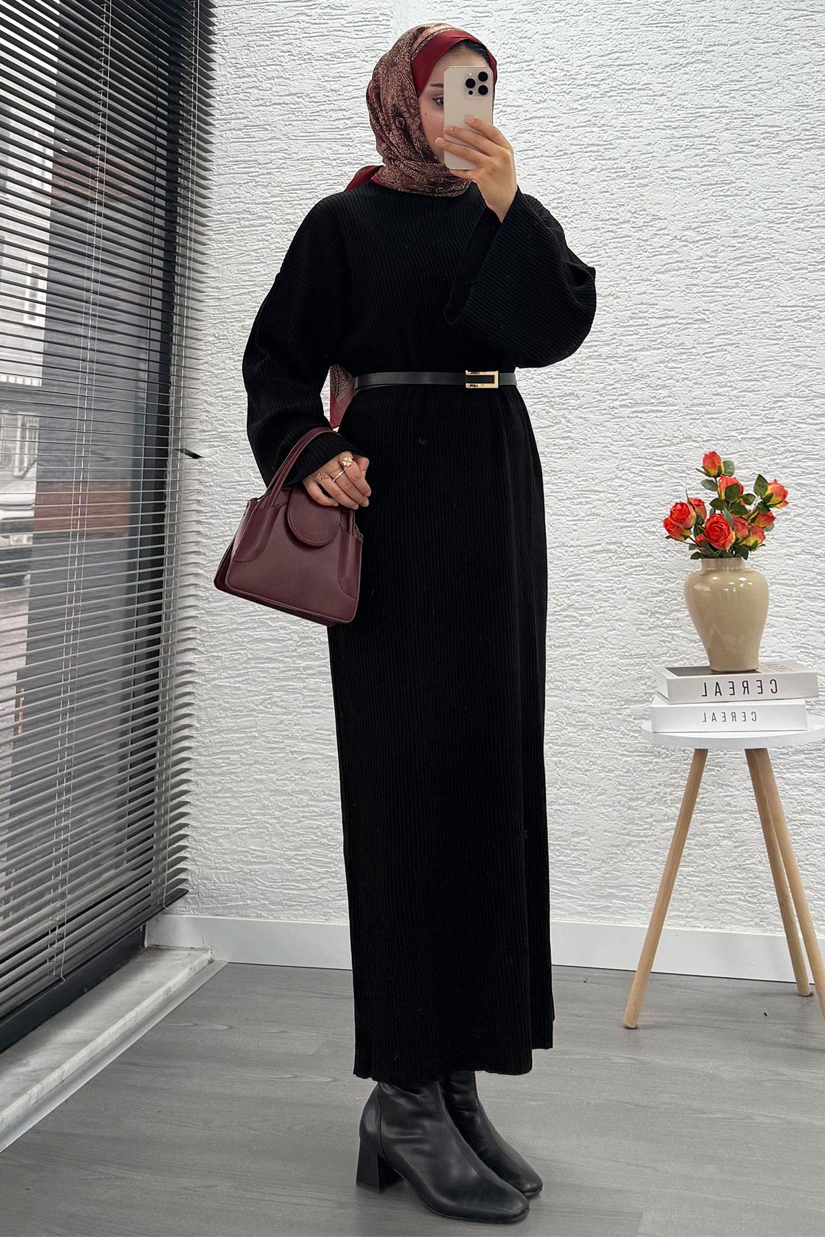 Volan Kol Fitilli Triko Elbise – Siyah