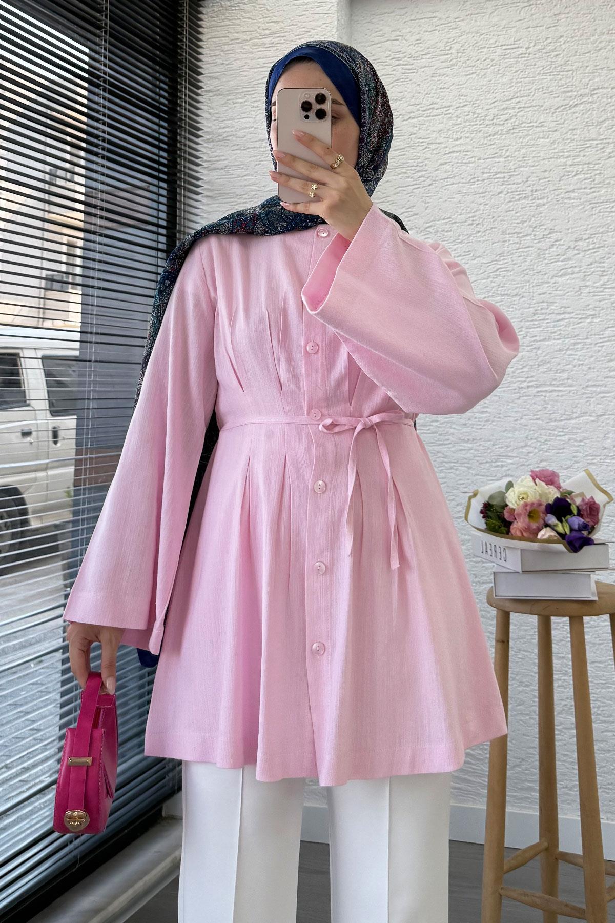 Volan Kol Keten Piliseli Tunik - Pembe