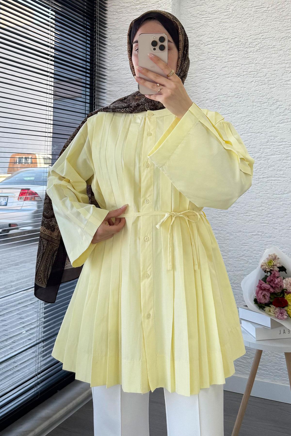 Volan Kol Nervür Detaylı Poplin Tunik – Sarı
