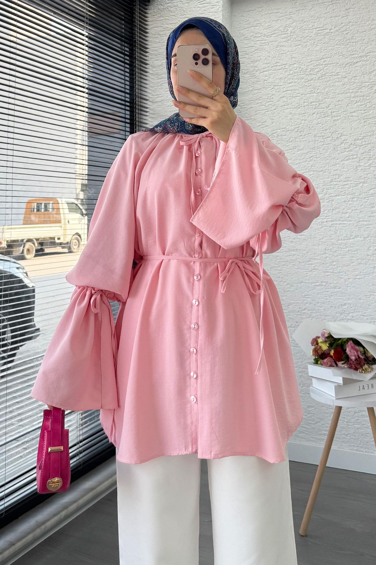 Volan Kol Tam Düğmeli Urla Tunik – Pembe