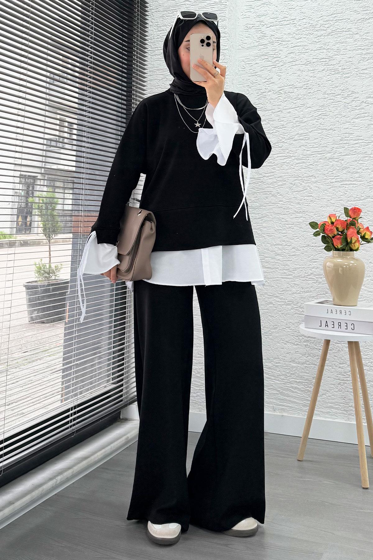 Volan Kollu Gömlek Detaylı Kadın İkili Takım - Siyah