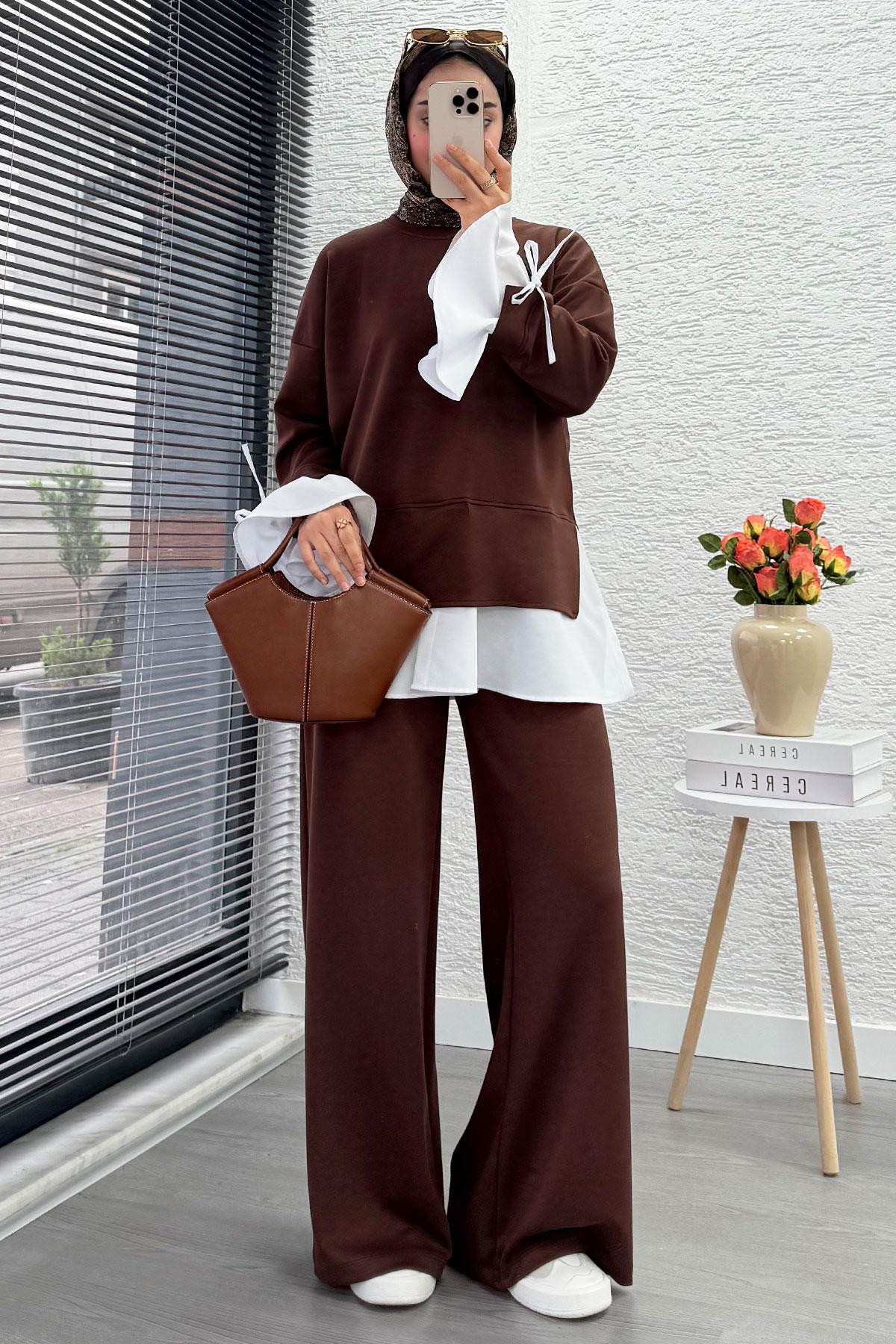 Volan Kollu Gömlek Detaylı Kadın İkili Takım - Kahverengi