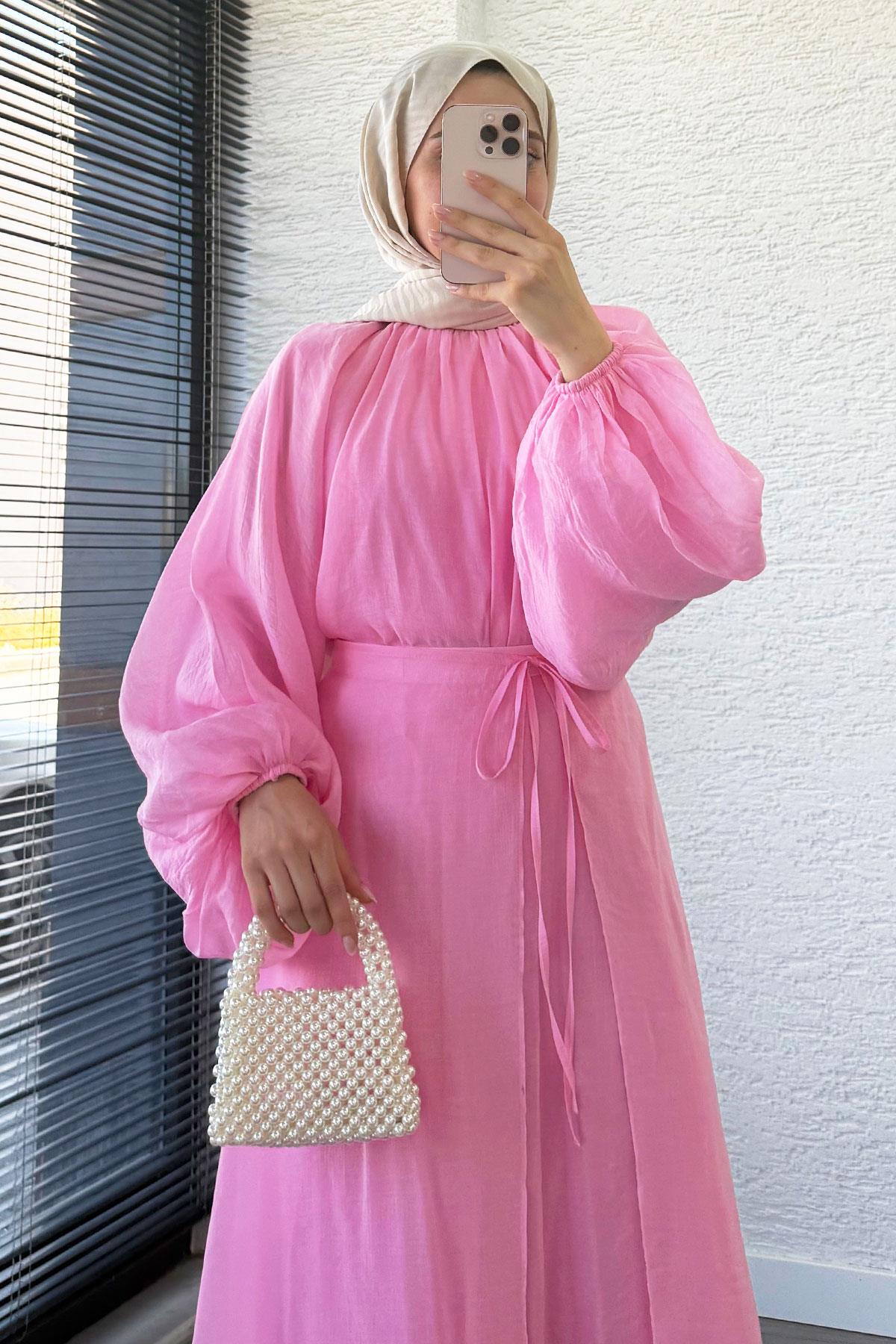 Vuala Bağlamalı Bluz Etek Takım-Pembe