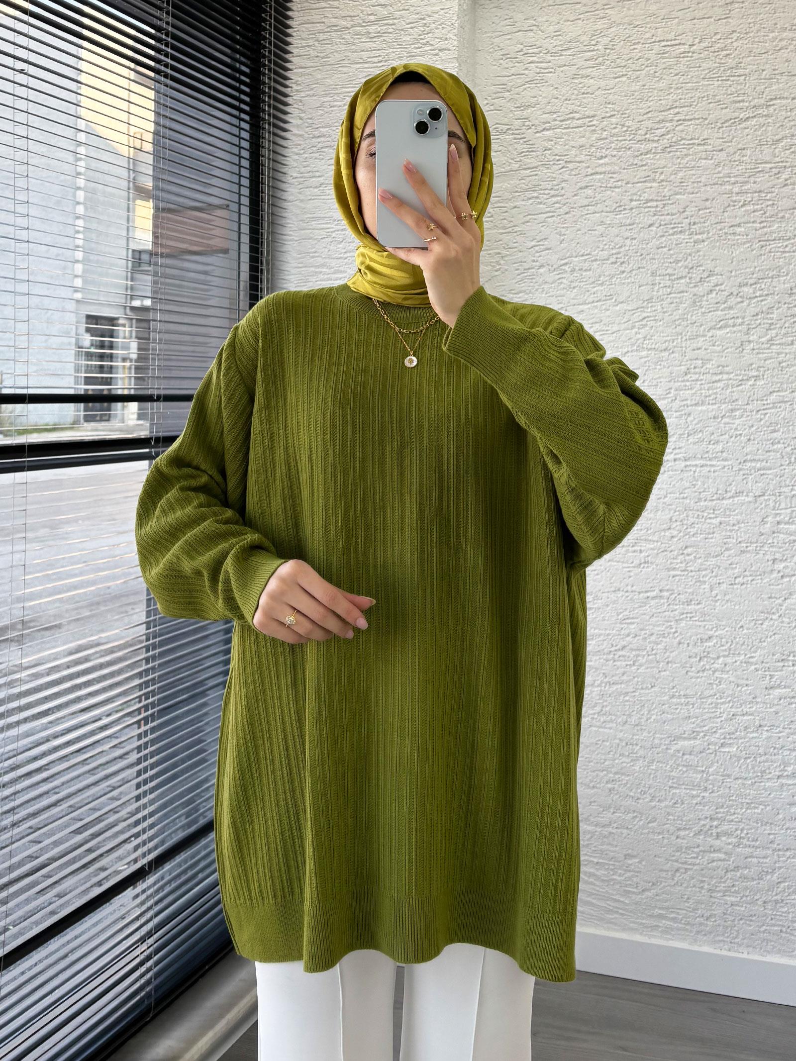 Yağ Yeşili Kadın Fitilli Oversize Kazak