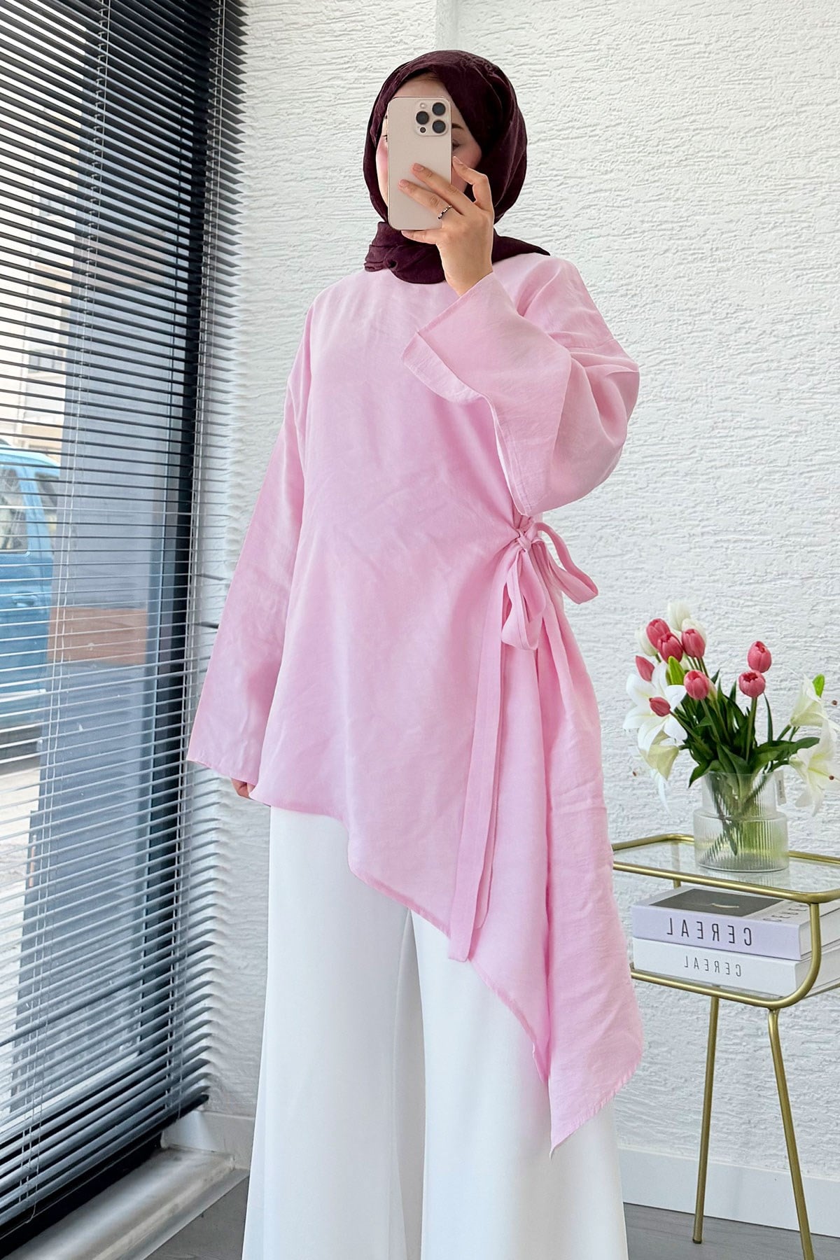 Yandan Bağlamalı Asimetrik Kesim Modal Tunik - Pembe