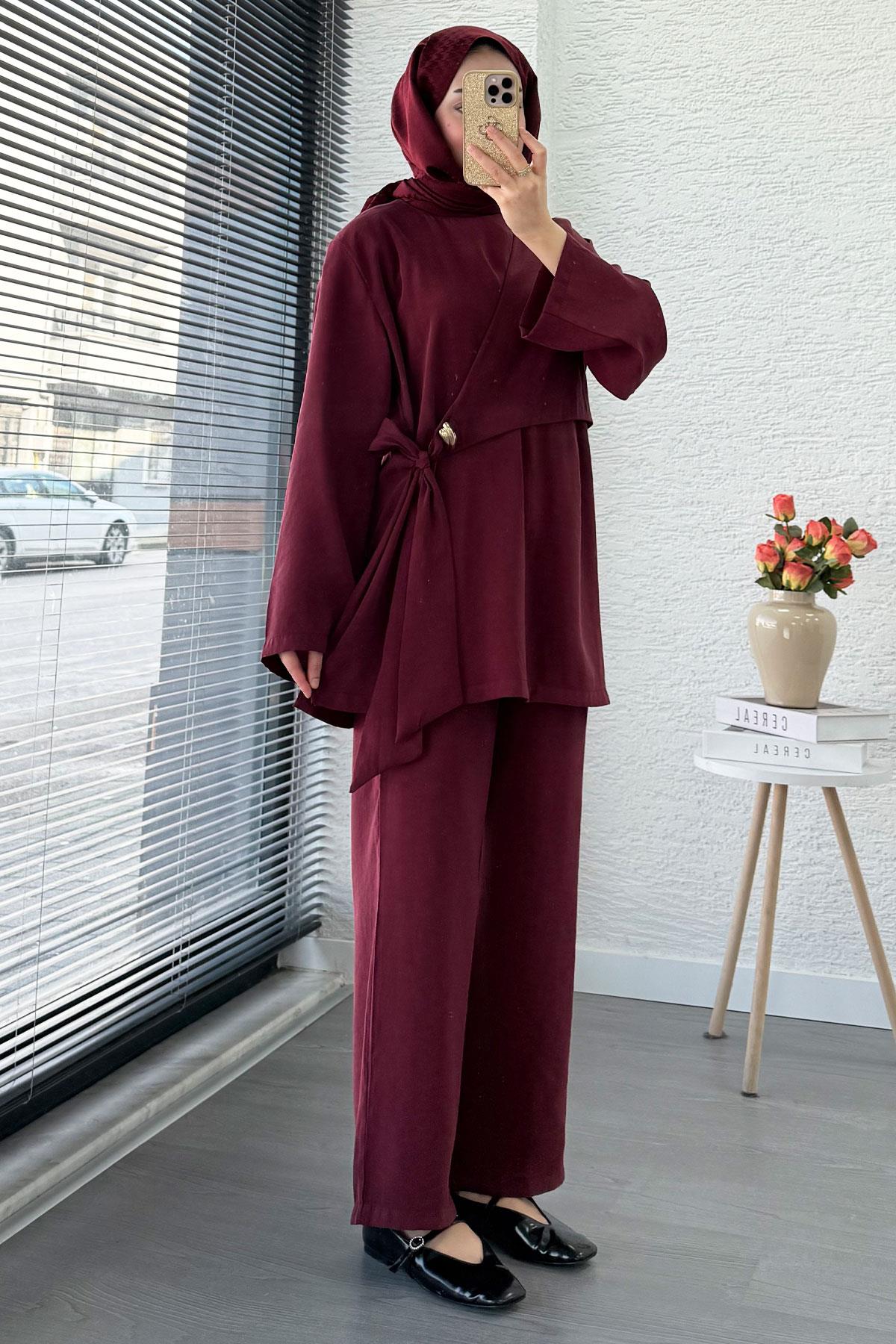 Yandan Bağlamalı Broş Detaylı Kadın İkili Takım — Bordo
