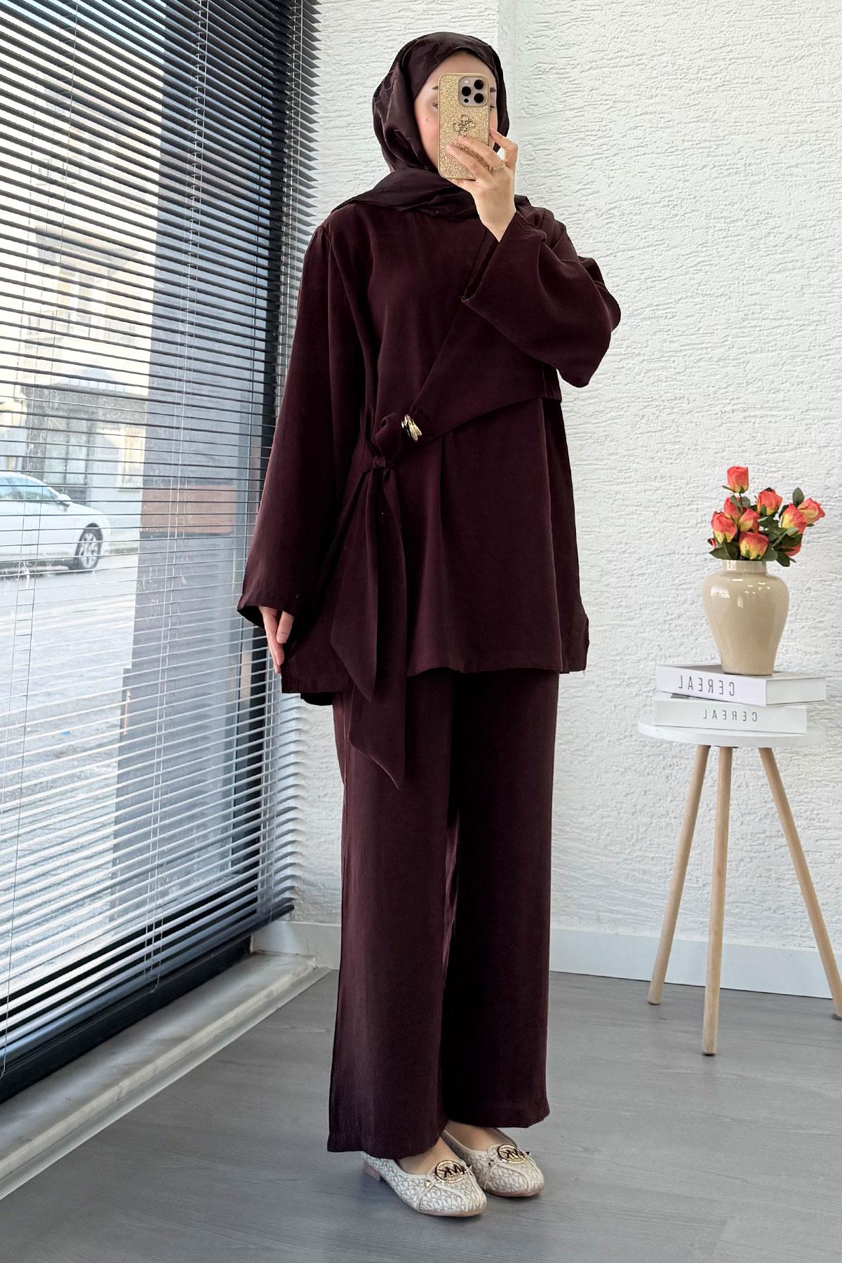 Yandan Bağlamalı Broş Detaylı Kadın İkili Takım — Kahverengi