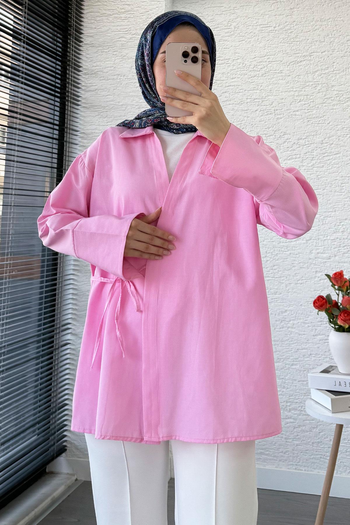 Yandan Bağlamalı Gömlek Yaka Poplin Kimono -Pembe