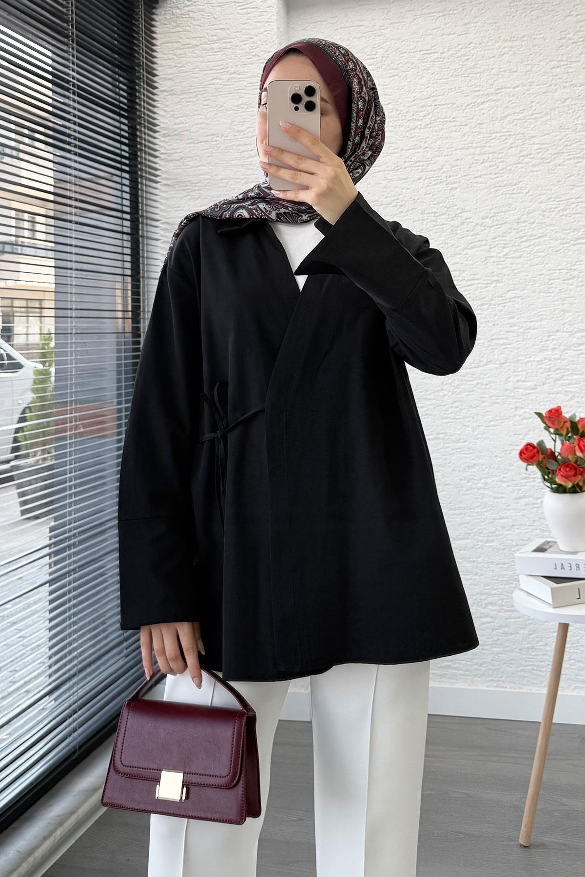 Yandan Bağlamalı Gömlek Yaka Poplin Kimono -Siyah