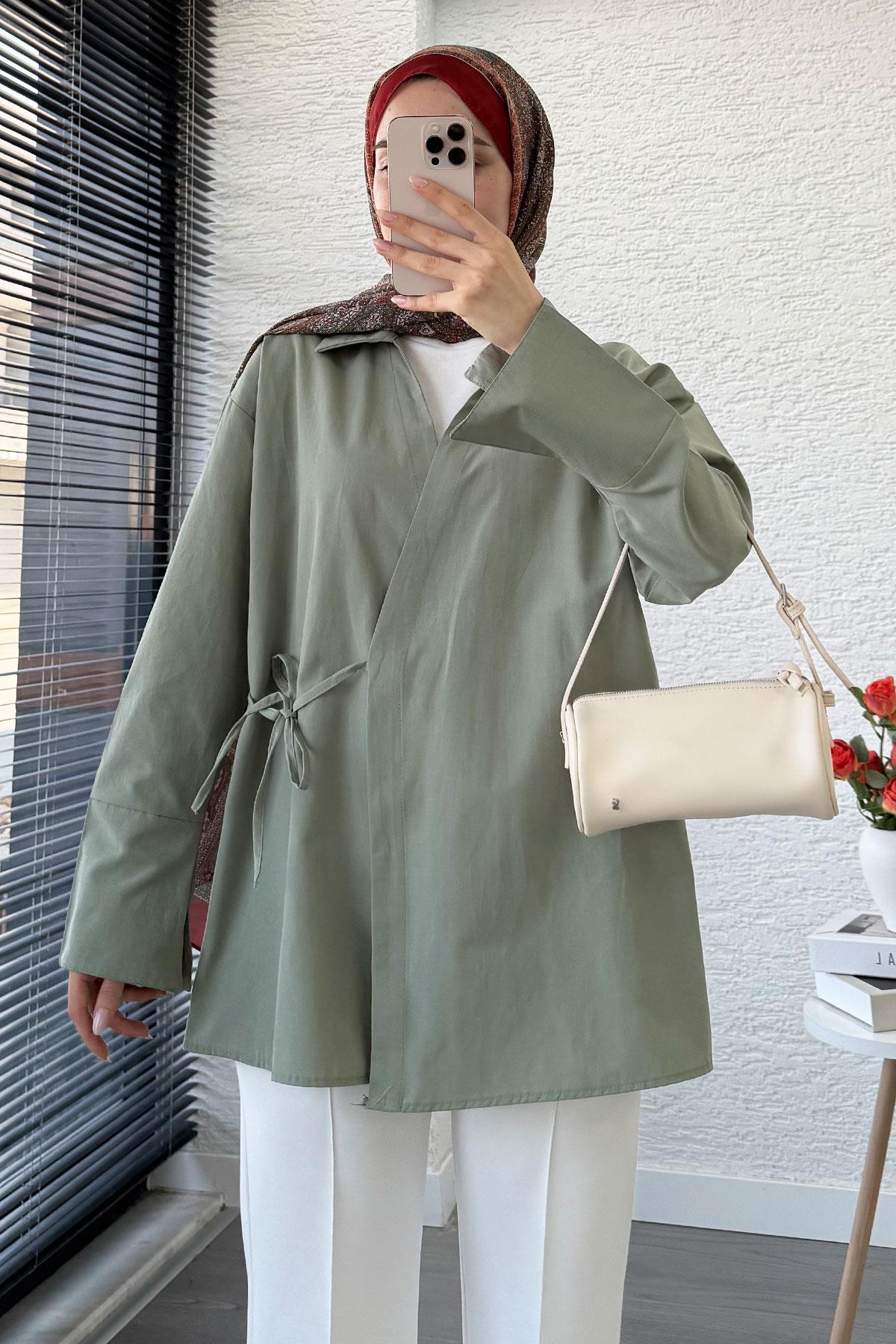 Yandan Bağlamalı Gömlek Yaka Poplin Kimono -Yeşil