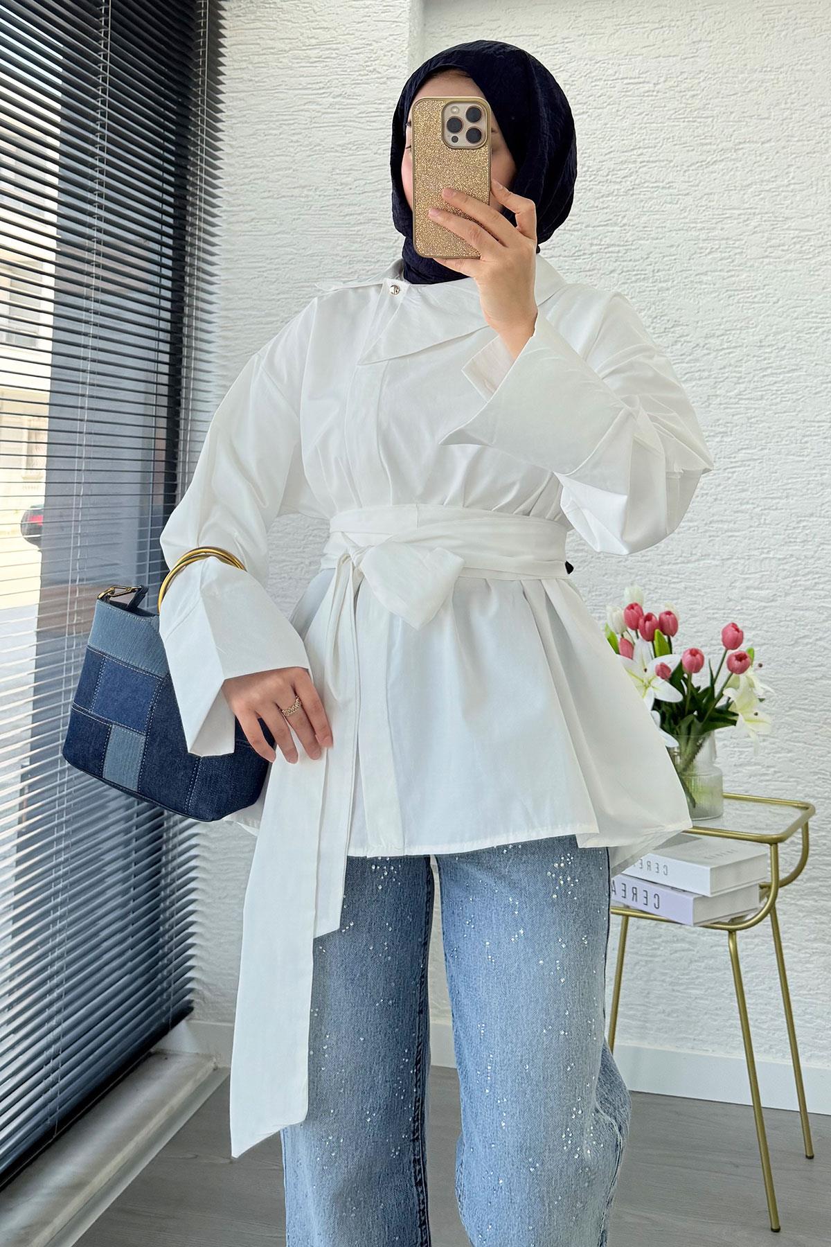 Yandan Düğmeli Geniş Kemerli Poplin Tunik – Beyaz