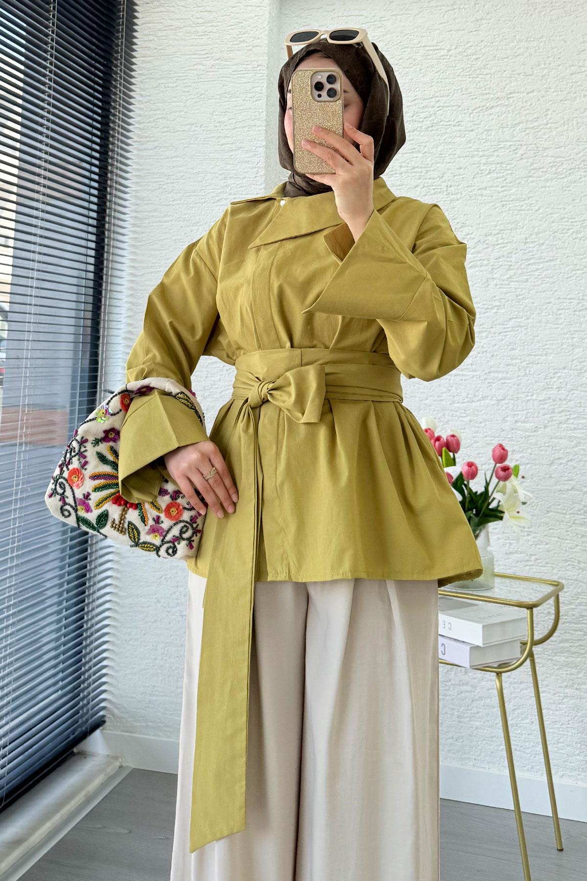 Yandan Düğmeli Geniş Kemerli Poplin Tunik – Yağ Yeşili