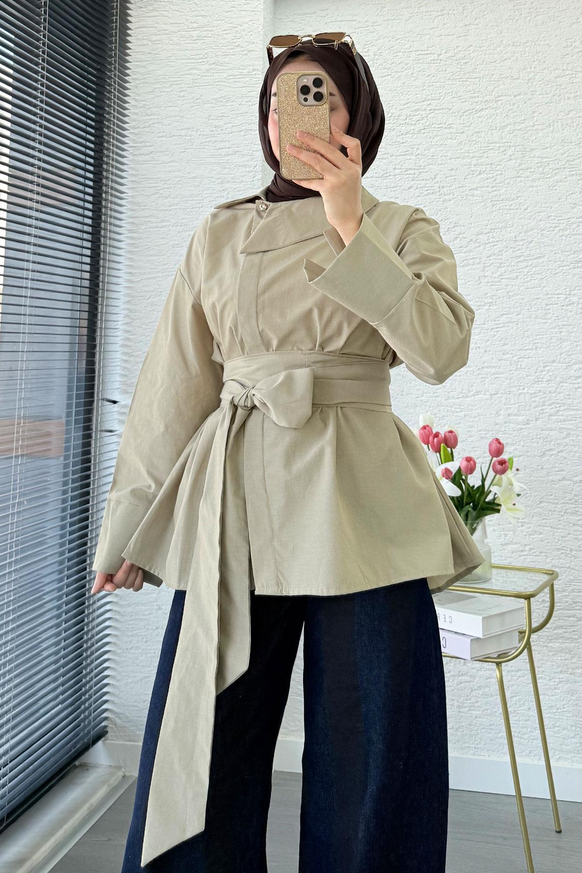Yandan Düğmeli Geniş Kemerli Poplin Tunik – Çağla Yeşili