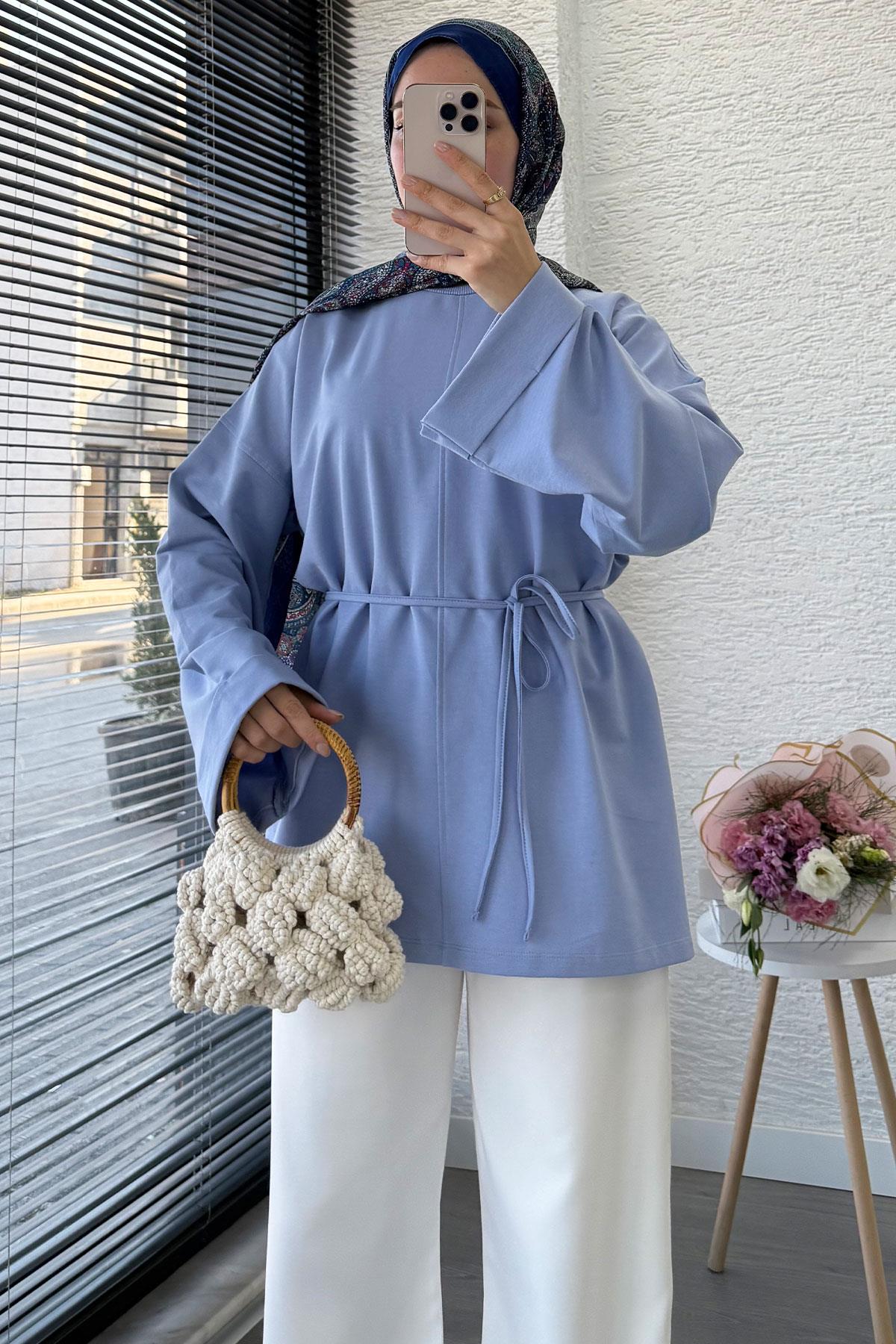 Yanları Yırtmaç Detaylı Basic Tunik - Mavi