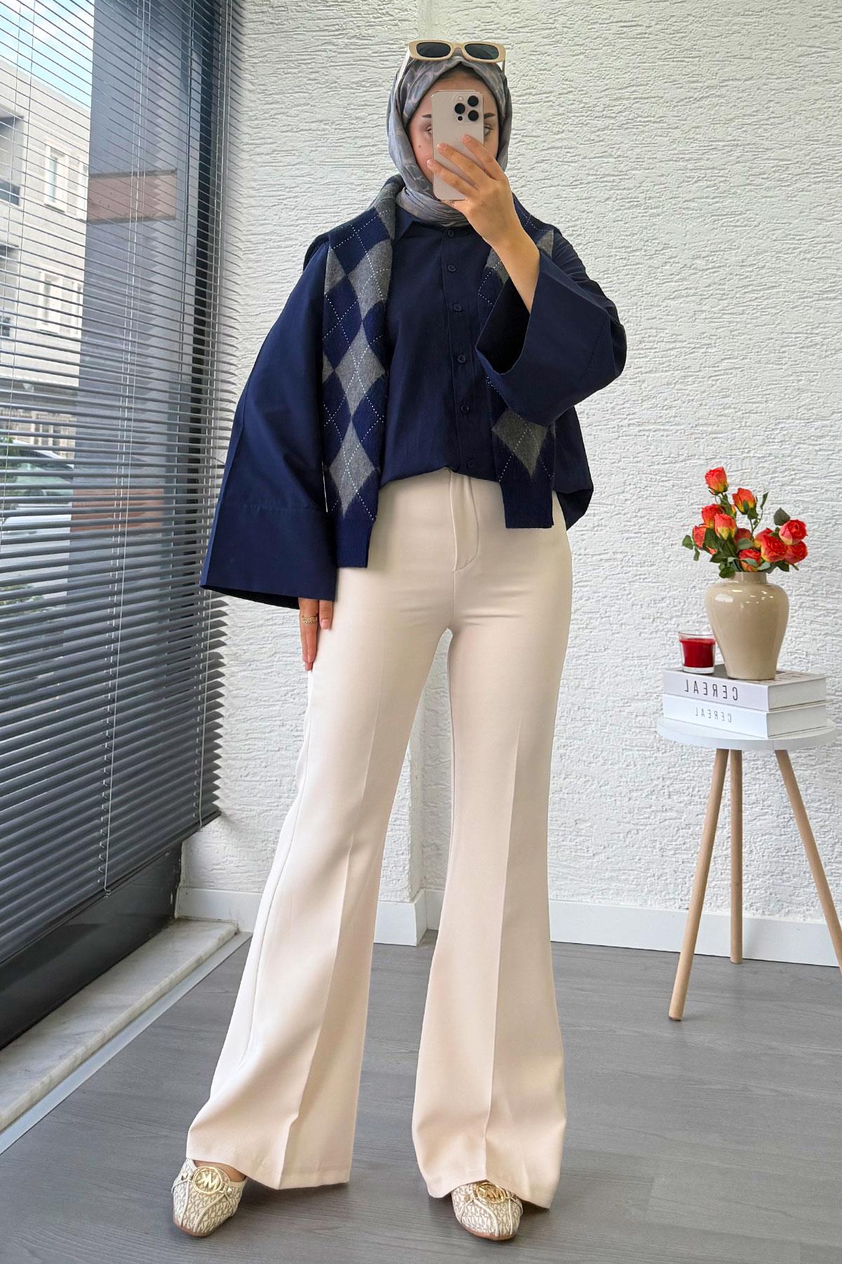 Yüksek Bel İspanyol Paça Kadın Pantolon – Krem