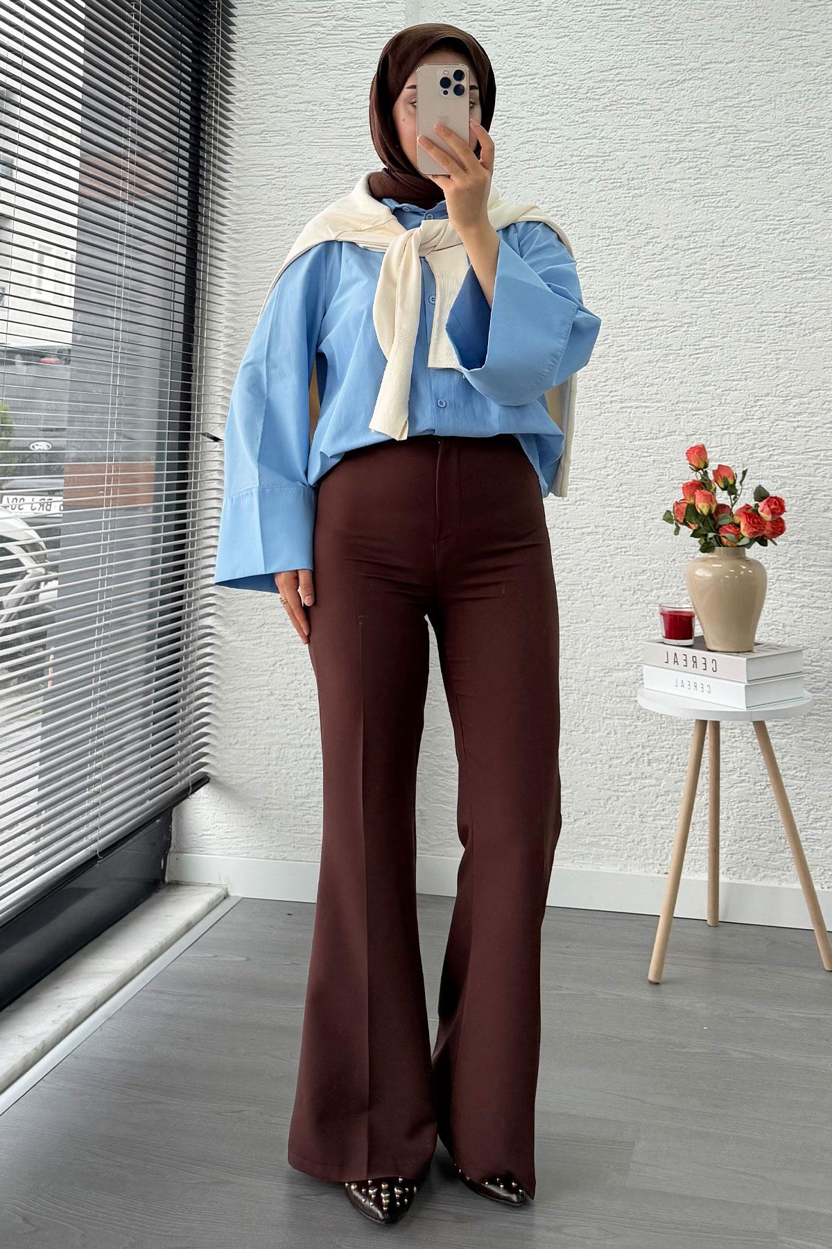 Yüksek Bel İspanyol Paça Kadın Pantolon – Kahverengi