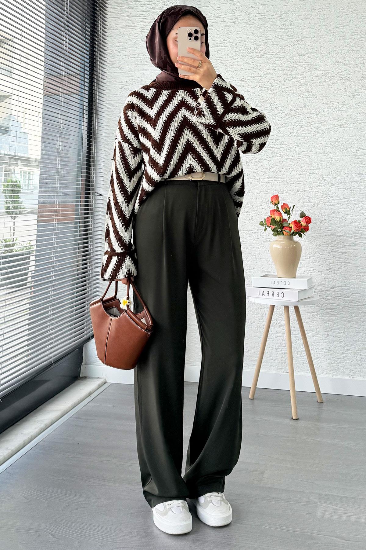 Yüksek Bel Pile Detaylı Dökümlü Palazzo Pantolon - Haki