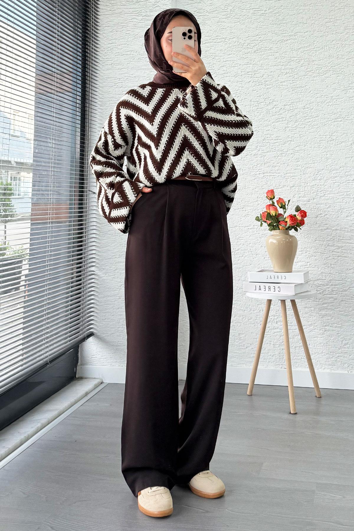 Yüksek Bel Pile Detaylı Dökümlü Palazzo Pantolon - Kahverengi