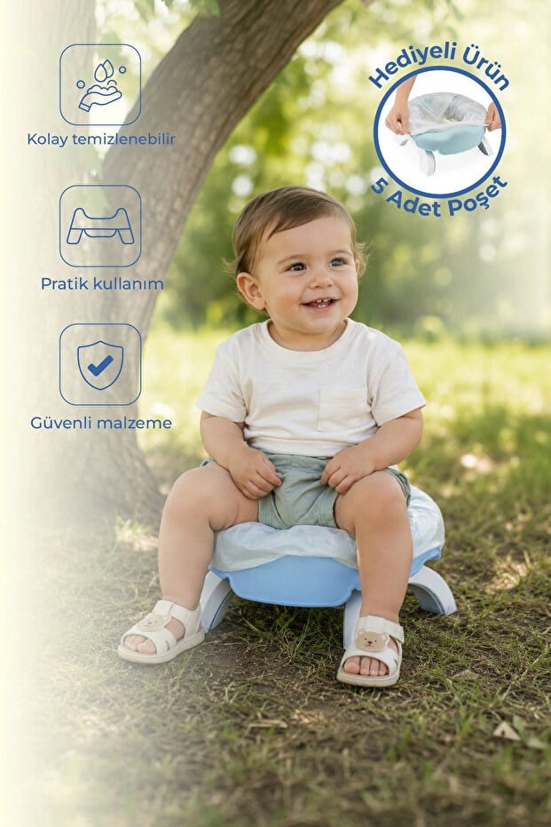 Babyjem 2 İn 1 Portatif Katlanabilir Seyahat Lazımlığı Klozet Adaptörü Mavi + 5 Hediye Poşet