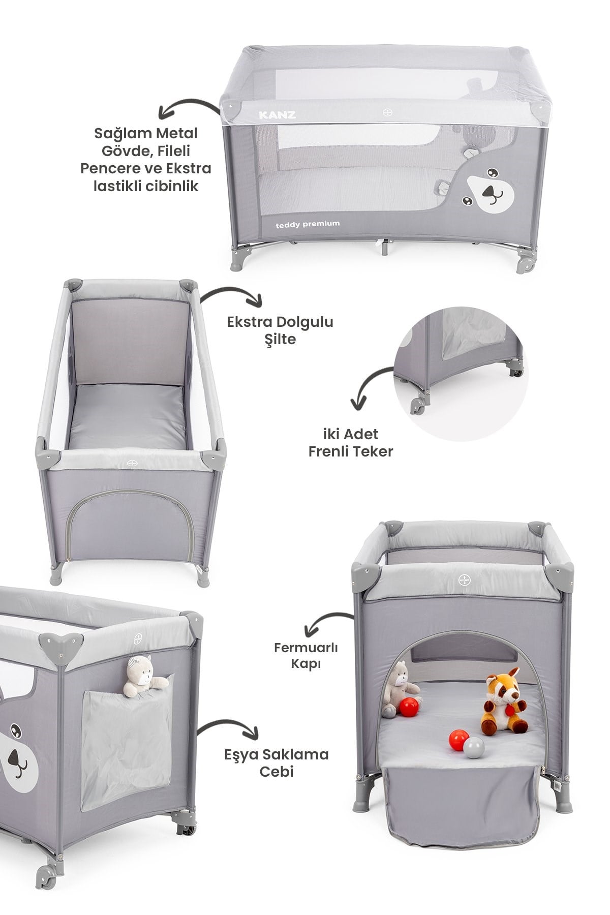 Kanz Teddy Premium Oyun Parkı ve Park Yatak Gri 60 x 120