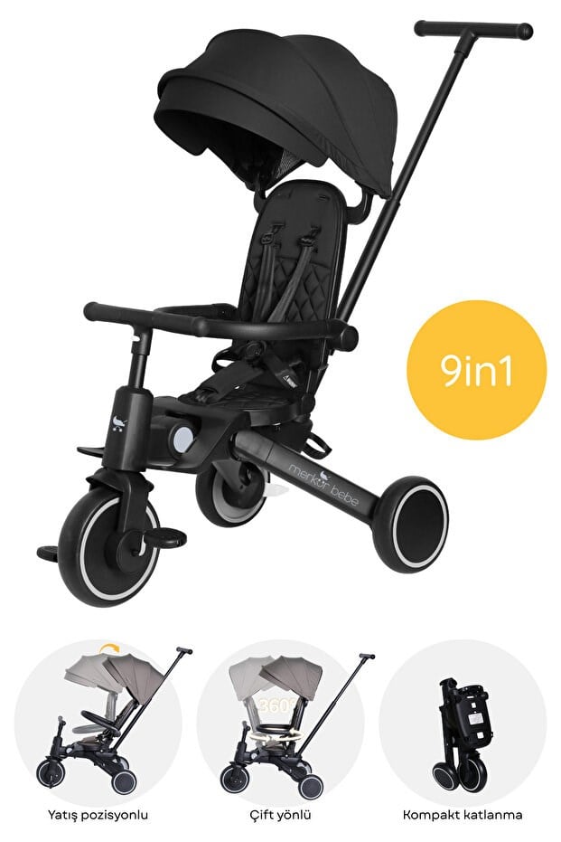 Merkür Bebe 9in1 Hawk Çift Yönlü Katlanabilir Yatabilir Ayak Destekli Üç Tekerlekli Bebek ve Çocuk Bisikleti Siyah